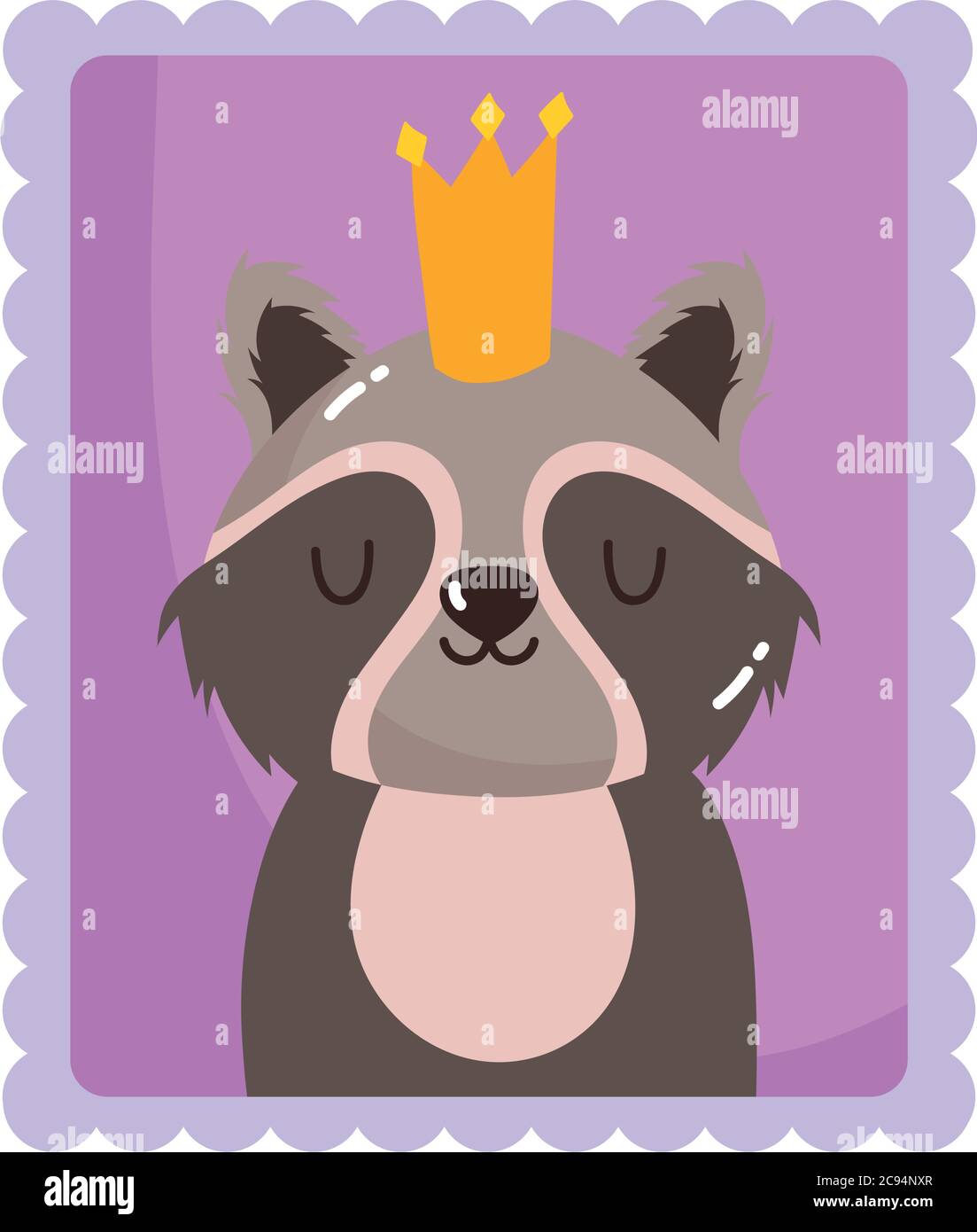 Niedliche Waschbär mit Krone Tiere Cartoon Briefmarke Vektor Illustration Stock Vektor