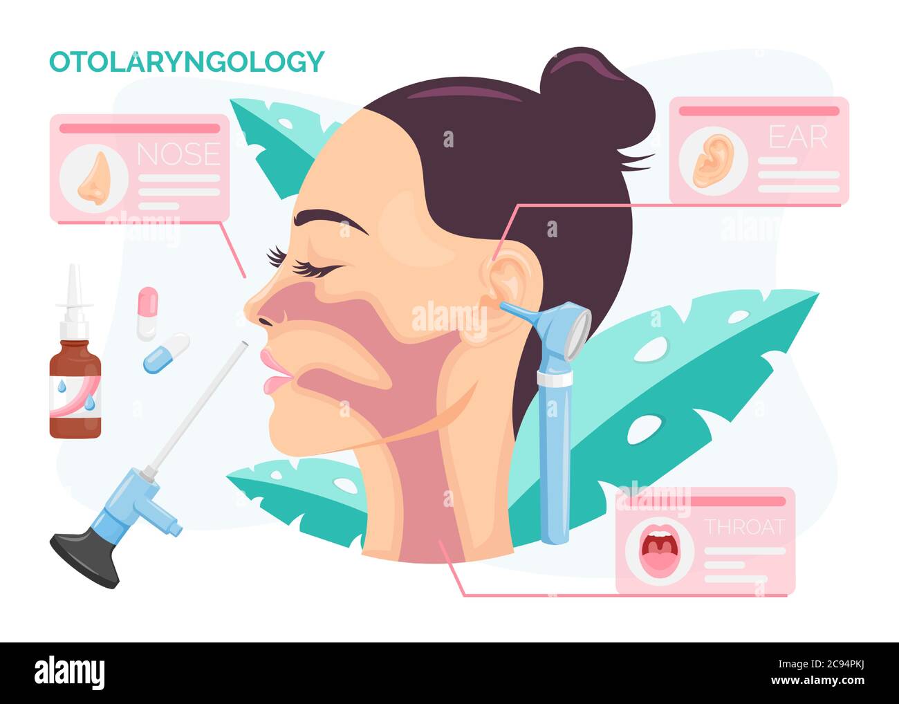 Otolaryngologie Konzept. Frau, die in der HNO-Klinik einer Behandlung mit Ohren, Nase oder Hals unterzogen wird, isolierte Vektordarstellung im Cartoon-Flachstil Stock Vektor