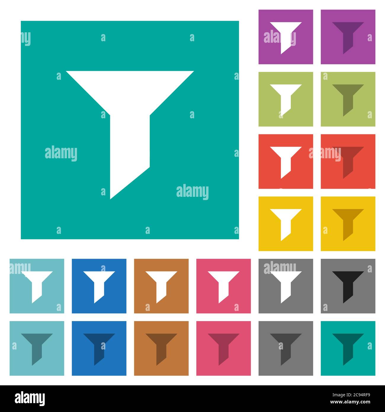 Filtert mehrfarbige flache Symbole auf einfachen quadratischen Hintergründen. Weiße und dunklere Symbolvarianten für schwebe- oder aktive Effekte. Stock Vektor