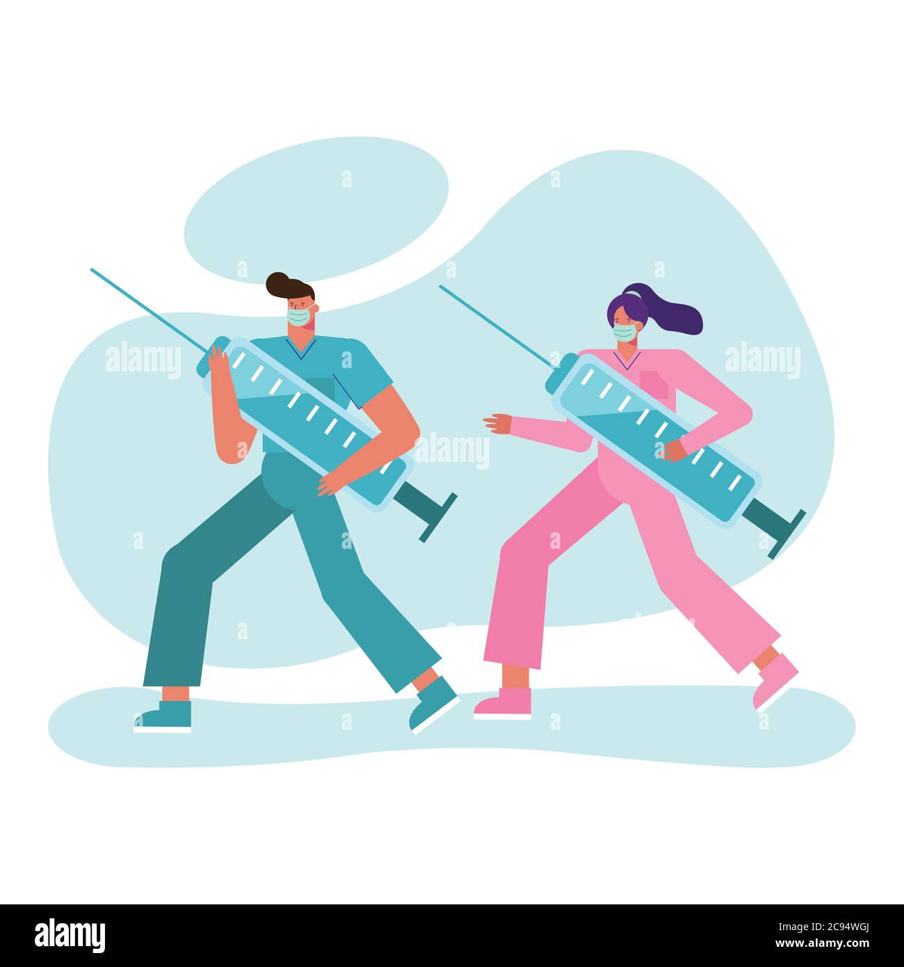 Professionelle Ärzte Paar trägt medizinische Masken Anheben Injektionen Vektor Illustration Design Stock Vektor