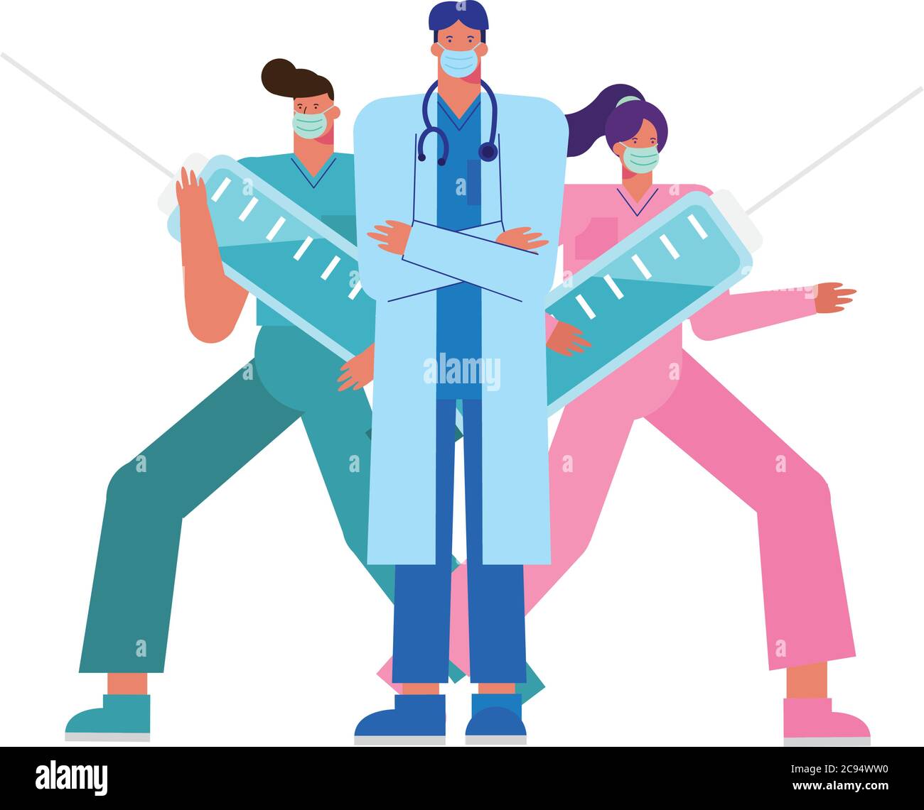 Professionelle Ärzte Personal trägt medizinische Masken mit Injektionen Vektor Illustration Design Stock Vektor