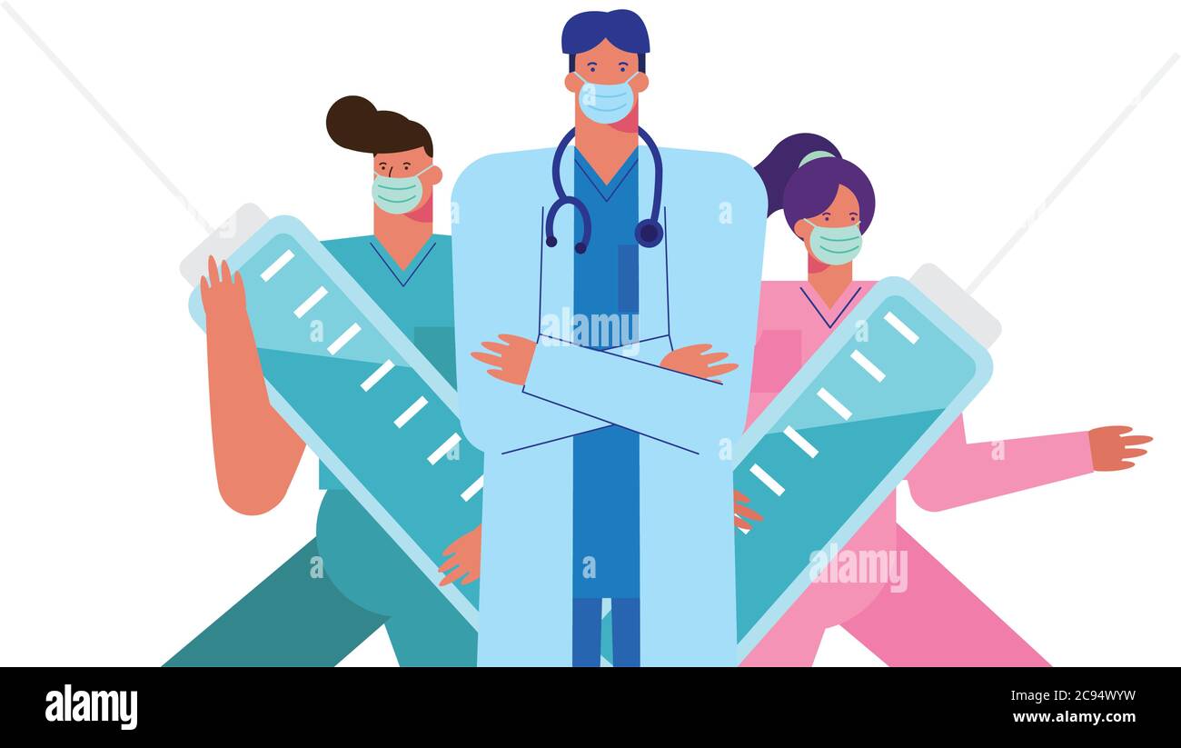 Professionelle Ärzte Personal trägt medizinische Masken mit Injektionen Vektor Illustration Design Stock Vektor