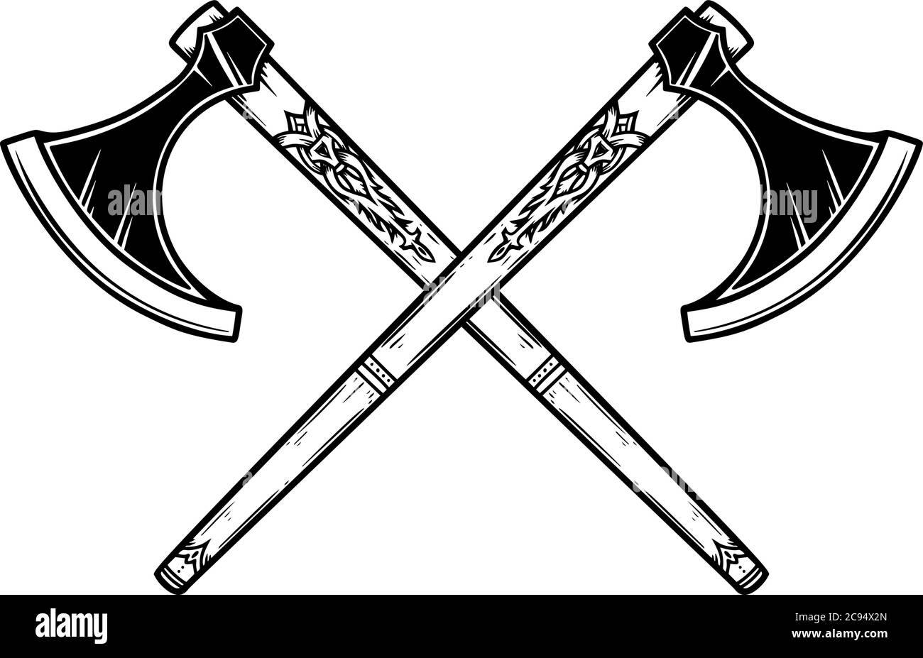 Illustration von zwei gekreuzten wikingeraxt in Gravurstil. Gestaltungselement für Logo, Emblem, Schild, Plakat, Karte, Banner. Vektorgrafik Stock Vektor