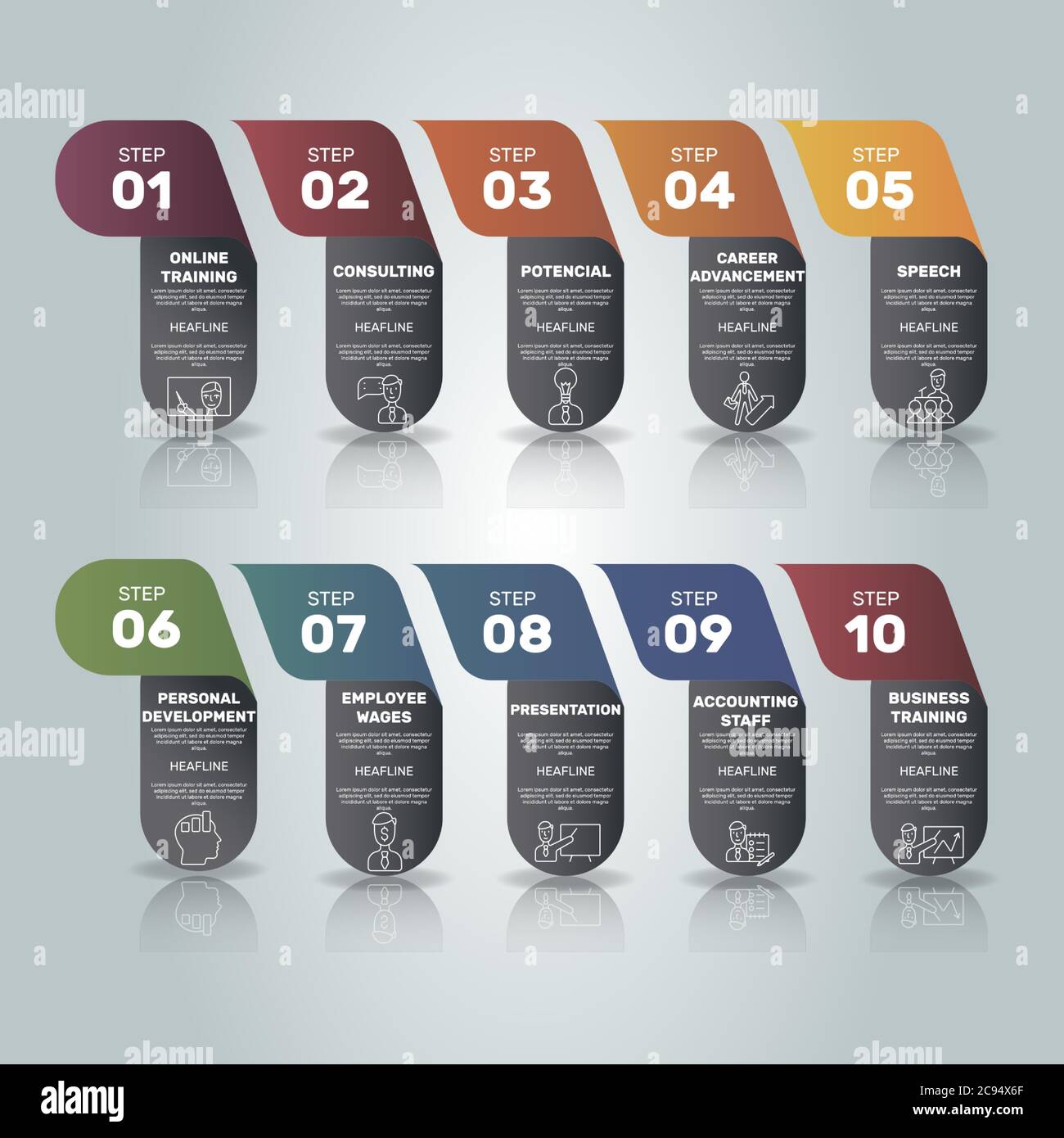 Infografik Vorlage für das Business Management. Symbole in verschiedenen Farben. Schließen Sie Führung, persönliche Entwicklung, positive Psychologie, Autonomie und ein Stock Vektor