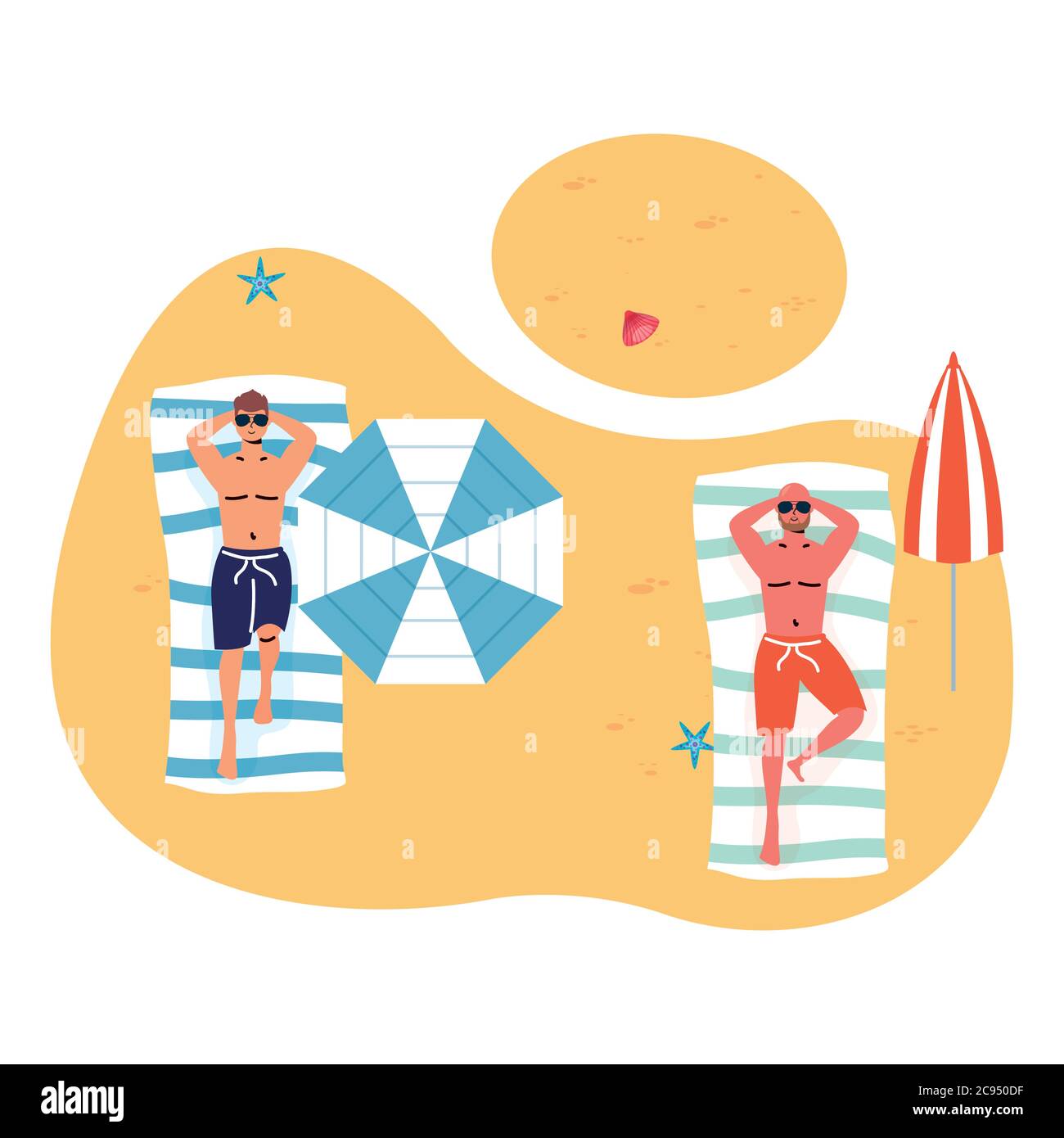 Männer am Strand üben soziale Distanz Vektor Illustration Design Stock Vektor