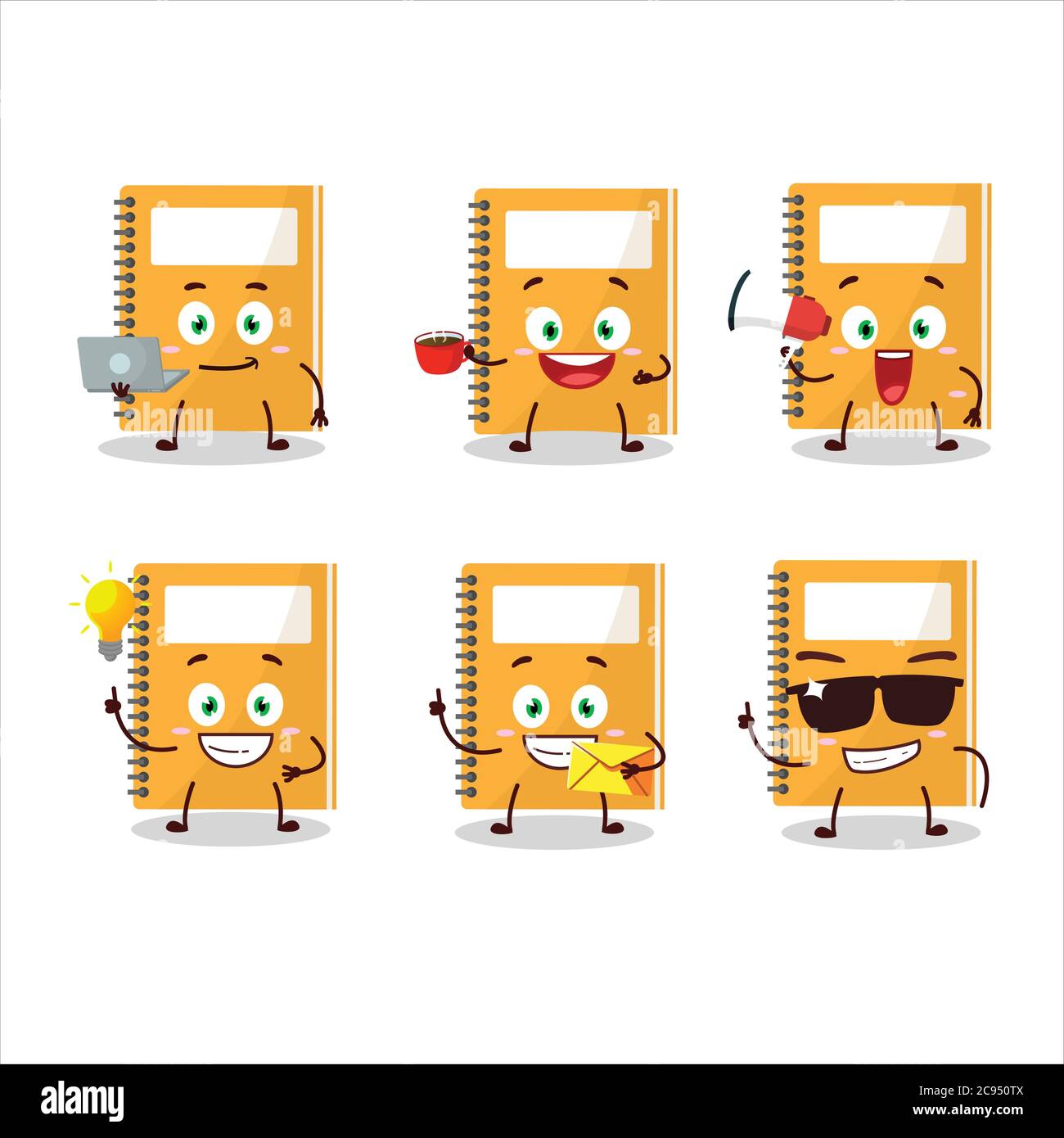 Orange Studienbuch Cartoon-Charakter mit verschiedenen Arten von Business-Emoticons Stock Vektor