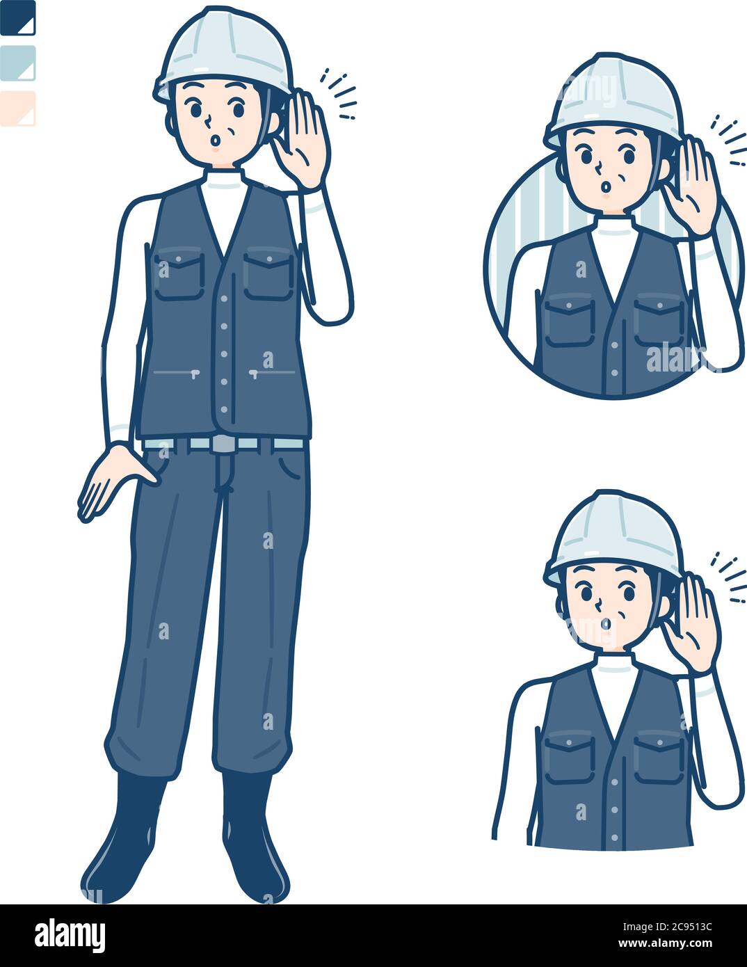 Ein Mann trägt Arbeitskleidung mit Hörbildern. Es ist Vektorgrafik, so dass es einfach zu bearbeiten ist. Stock Vektor