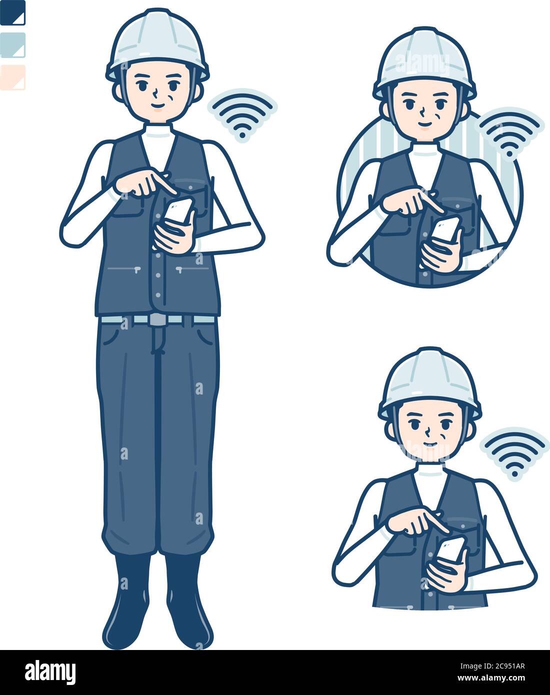 Ein Mann trägt Arbeitskleidung mit Bedienung Smartphone Bilder. Es ist Vektorgrafik, so dass es einfach zu bearbeiten ist. Stock Vektor