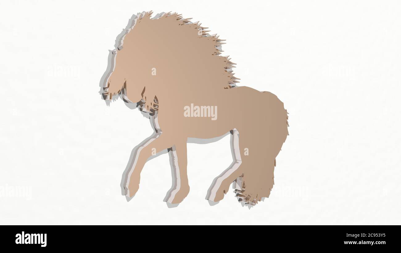 PFERD aus der Perspektive auf der Wand. Eine dicke Skulptur aus metallischen Materialien von 3D-Rendering. Tier und Illustration Stockfoto PFERD aus der Perspektive auf der Wand. Eine dicke Skulptur aus metallischen Materialien von 3D-Rendering. Tier und Illustration Stockfoto