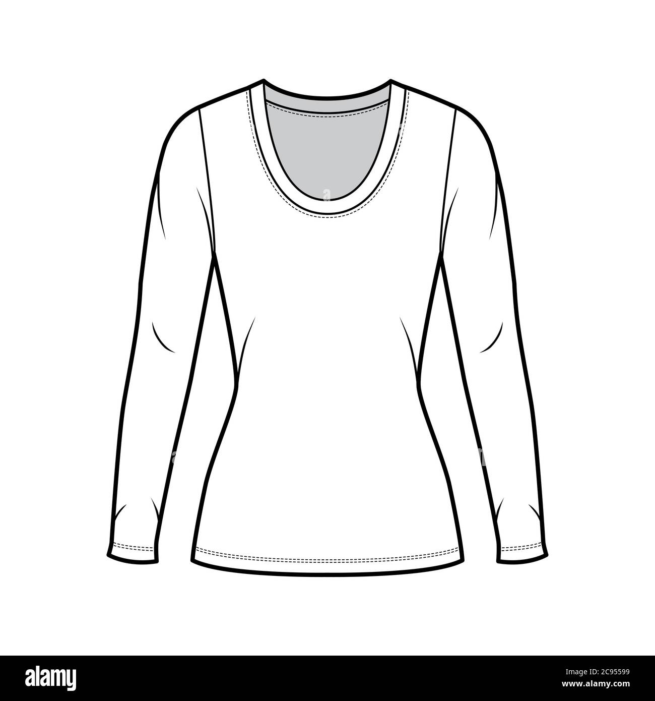 Rundhalsausschnitt Jersey-Shirt technische Mode-Illustration mit langen Ärmeln, eng anliegende Form, Tunika Länge. Flatpullover Bekleidung Vorlage vorne weiß Farbe. Frauen Männer Unisex Outfit top CAD mockup Stock Vektor