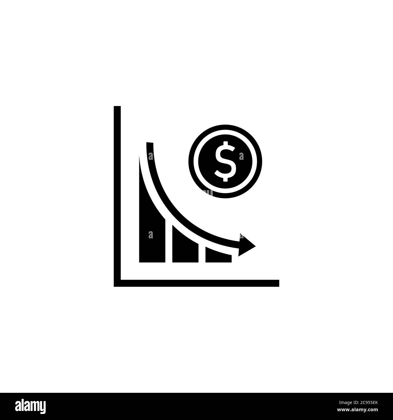 Sinkende Einkommen. Abnehmendes Diagramm. Gewinnabwärts. Konzept der Finanzkrise. Vektor auf isoliertem weißem Hintergrund. EPS 10 Stock Vektor