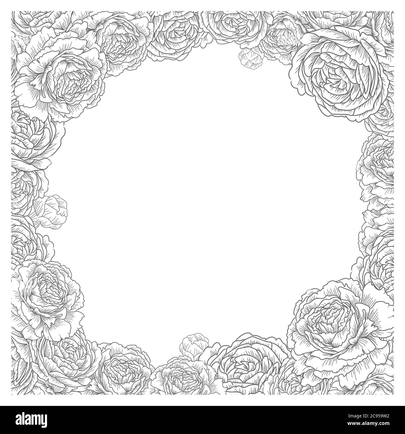 Quadratischer Rahmen mit Blumenmuster. Elegante Blumen, Rosen, Pfingstrosen Vektor. Dekorative Hochzeitskarte Hintergrund Vorlage. Grafische Illustration Stock Vektor