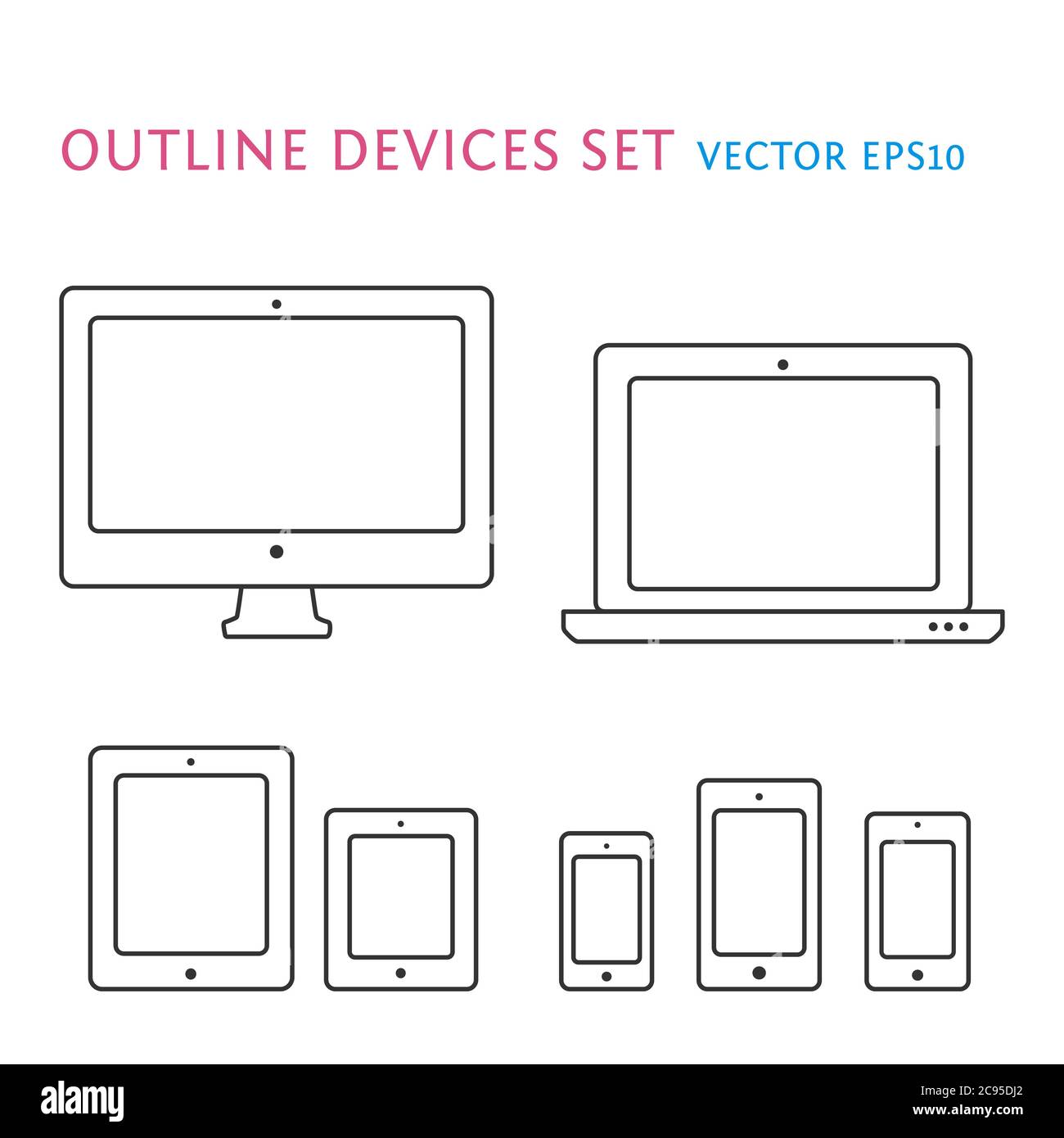 Symbole für Smartphone, Desktop-Computer, Laptop und Tablet-PC. Lineare Vektorgrafiken ohne Füllung Stock Vektor