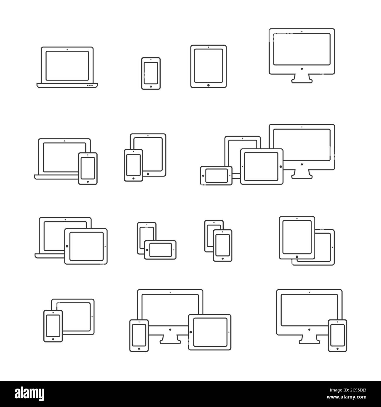 Symbole und Kombinationen für Smartphone, Desktop-Computer, Laptop und Tablet-PC. Lineare flache Vektor responsive Web-Design-Symbole. Stock Vektor