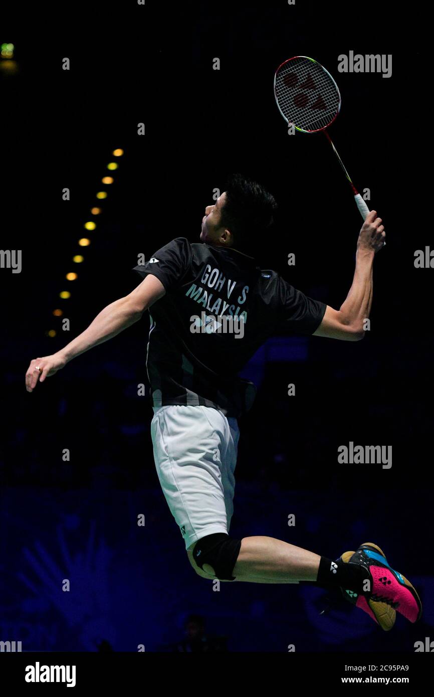 Goh V Shem mit Partner Tan Wee Kiong aus Malaysia in Aktion während der Männer Doppel Yonex All England Open Badminton Championships. Tag 3 in der Arena Birmingham. Stockfoto