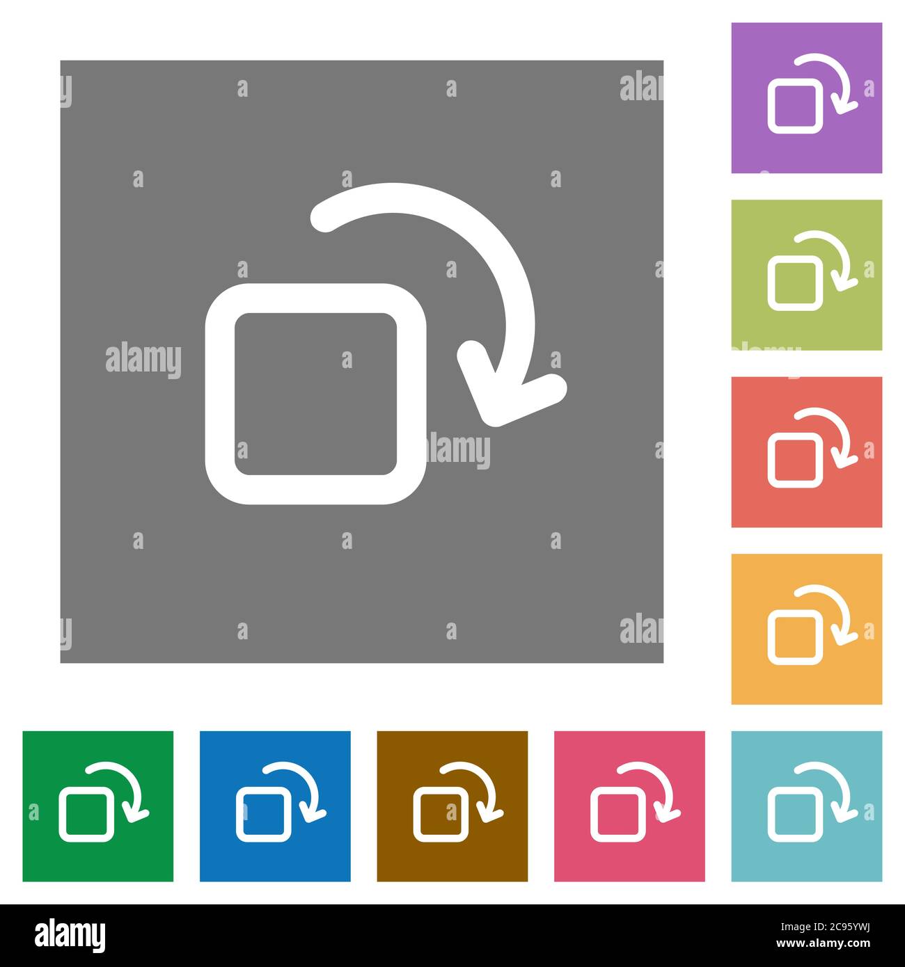 Drehen Sie Symbole für flache Elemente auf einfachen farbigen quadratischen Hintergründen Stock Vektor