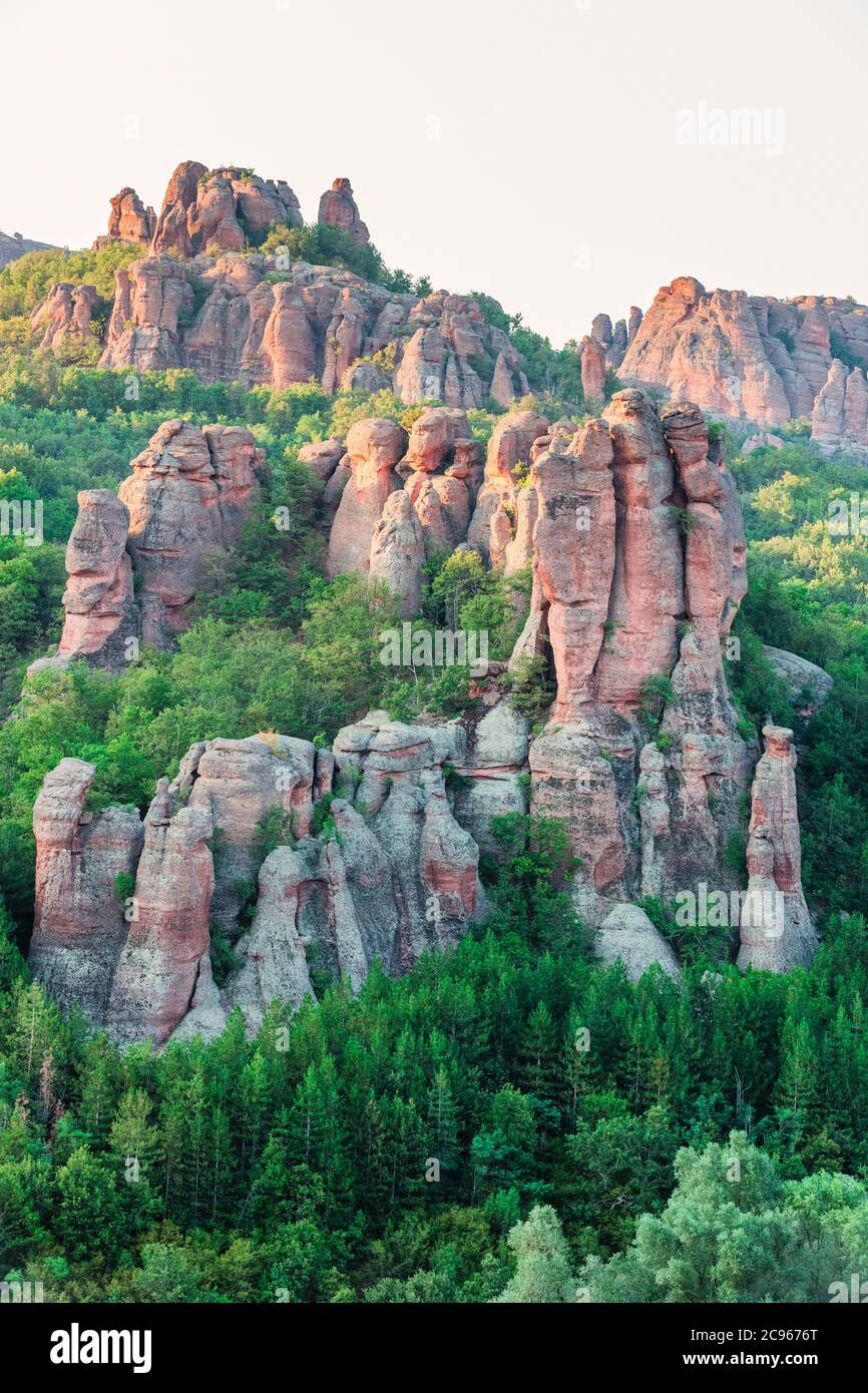 Die Belogradchik Felsen bei Sonnenuntergang - natürliches Wahrzeichen in der Gegend von Belogradchik, Balkangebirge, Nordwesten Bulgariens Stockfoto