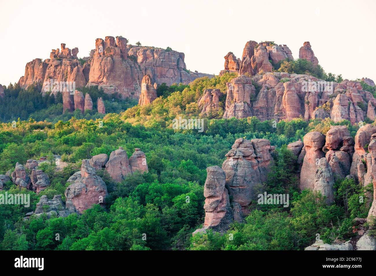 Die Belogradchik Felsen bei Sonnenuntergang - natürliches Wahrzeichen in der Gegend von Belogradchik, Balkangebirge, Nordwesten Bulgariens Stockfoto