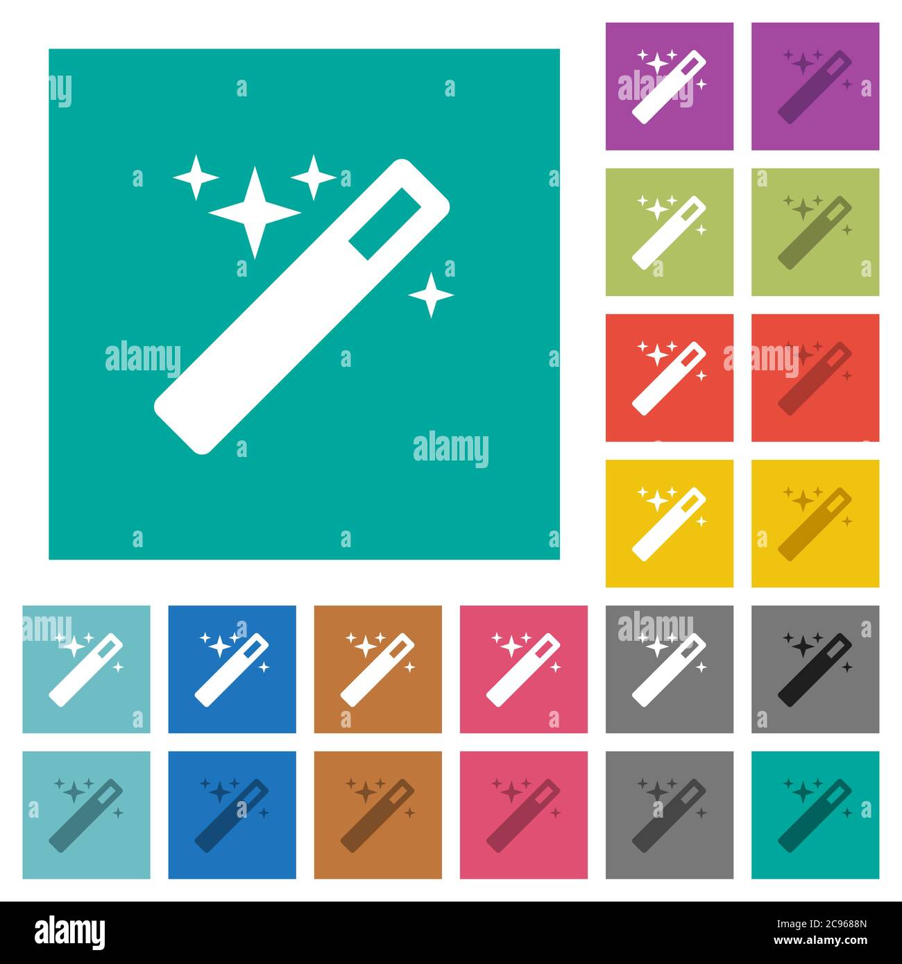 Magic Zauberstab mehrfarbige flache Symbole auf einfachen quadratischen Hintergründen. Weiße und dunklere Symbolvarianten für schwebe- oder aktive Effekte. Stock Vektor