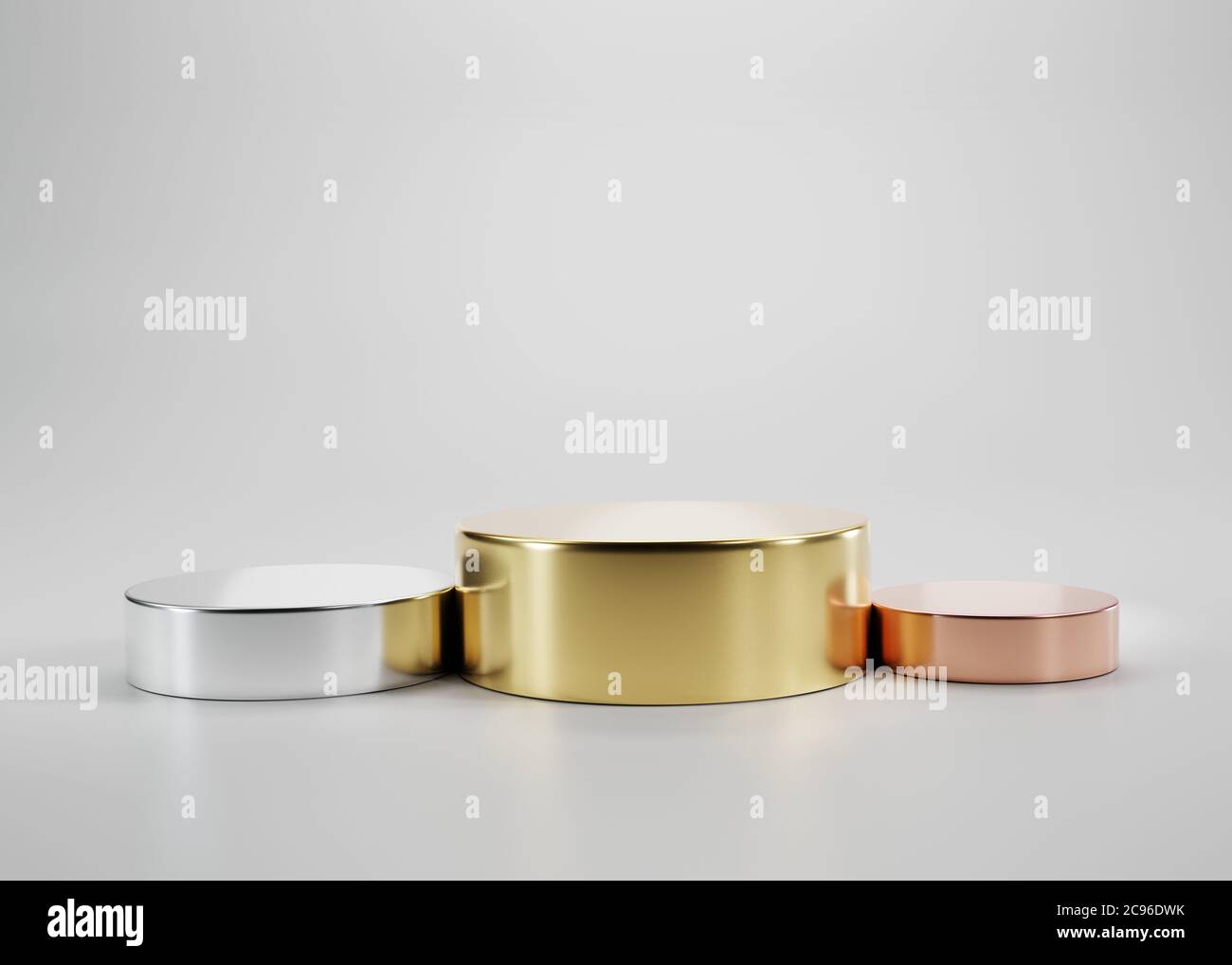 3D-Illustration des Gewinners, zweiten, dritten Platz Bühne oder Produktstand. Realistisch, Vorlage, Mockup isoliert auf weißem Hintergrund. Hohe Qualität. Stockfoto