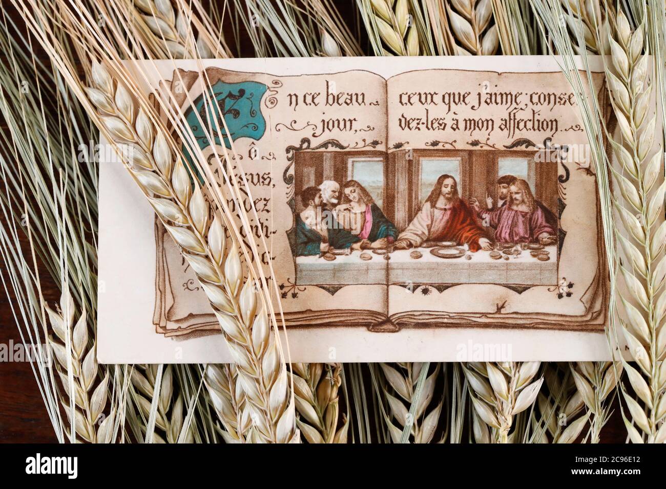 Religiöses Bild. Das letzte Abendessen und Ähren von Weizen. Frankreich. Stockfoto
