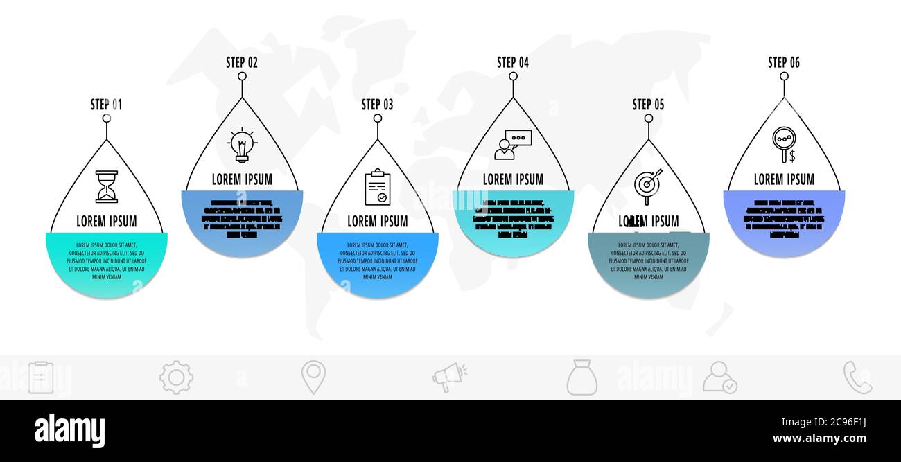 Vektor-Infografiken Drop mit 6 Schritten. Vorlage für Linie flach. Verwendet für Diagramm, Geschäft, Web, Workflow-Layout, Präsentationen, Info-Grafik, Zeitleiste Stock Vektor