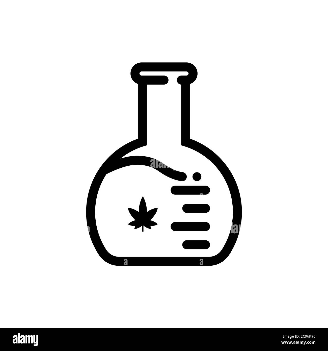 Schwarzer Umriss einer Laborflasche mit Marihuana-Blatt darauf, weißer Hintergrund Stock Vektor
