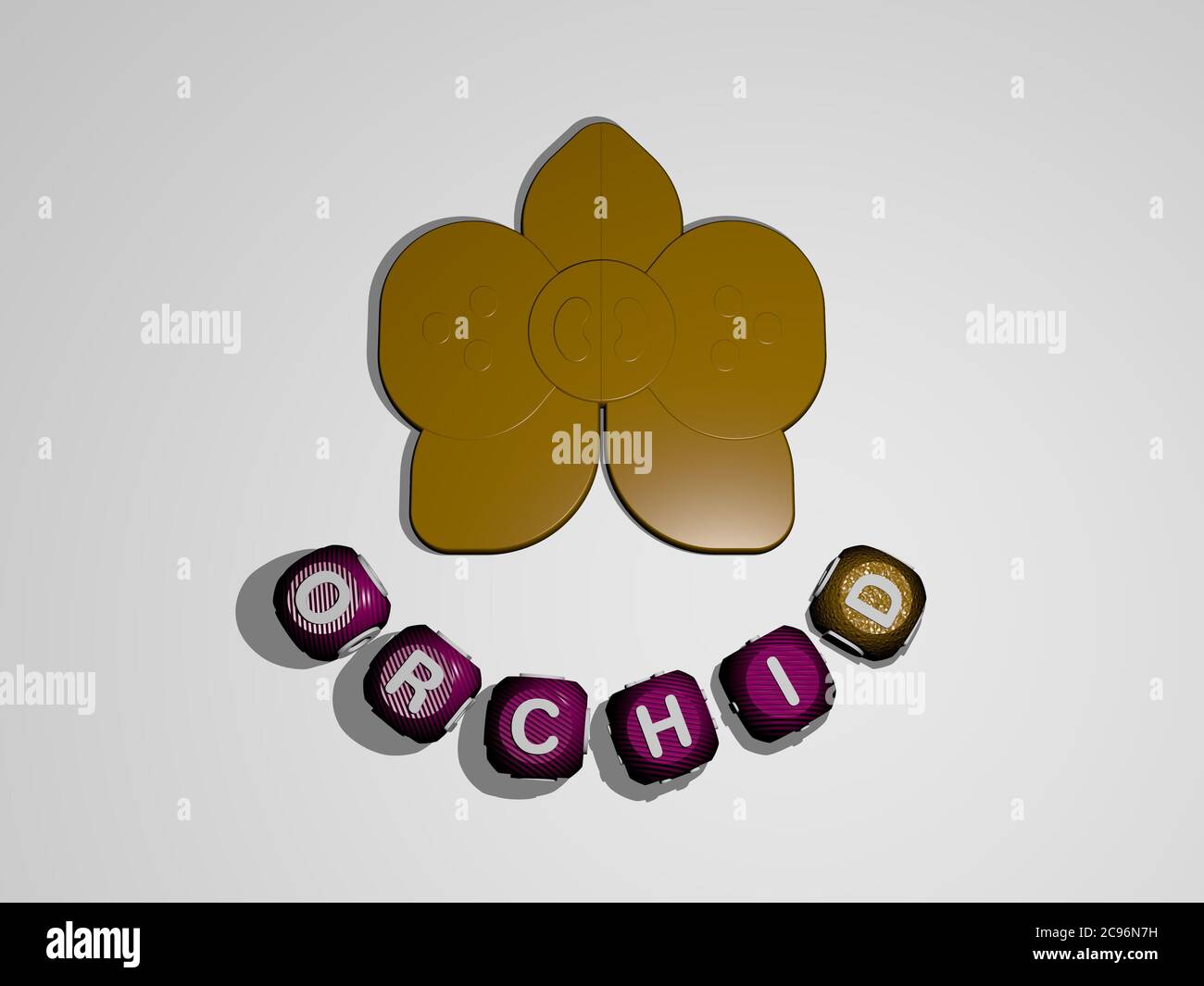 3D-Illustration von Orchideengrafiken und Text um die Ikone gemacht durch metallische Würfel Buchstaben für die damit verbundenen Bedeutungen des Konzepts und Präsentationen. Hintergrund und Blume Stockfoto