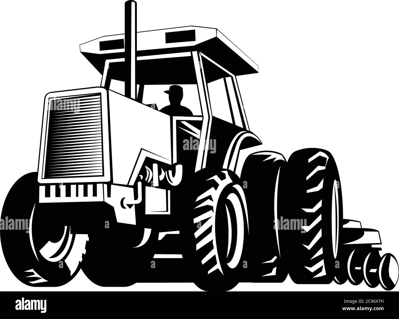Retro-Stil Illustration von Bauernhof Traktor ziehen einen Pflug oder Pflug beim Pflügen von vorne auf niedrigen Winkel auf isolierten Hintergrund in schwarz und betrachtet Stock Vektor