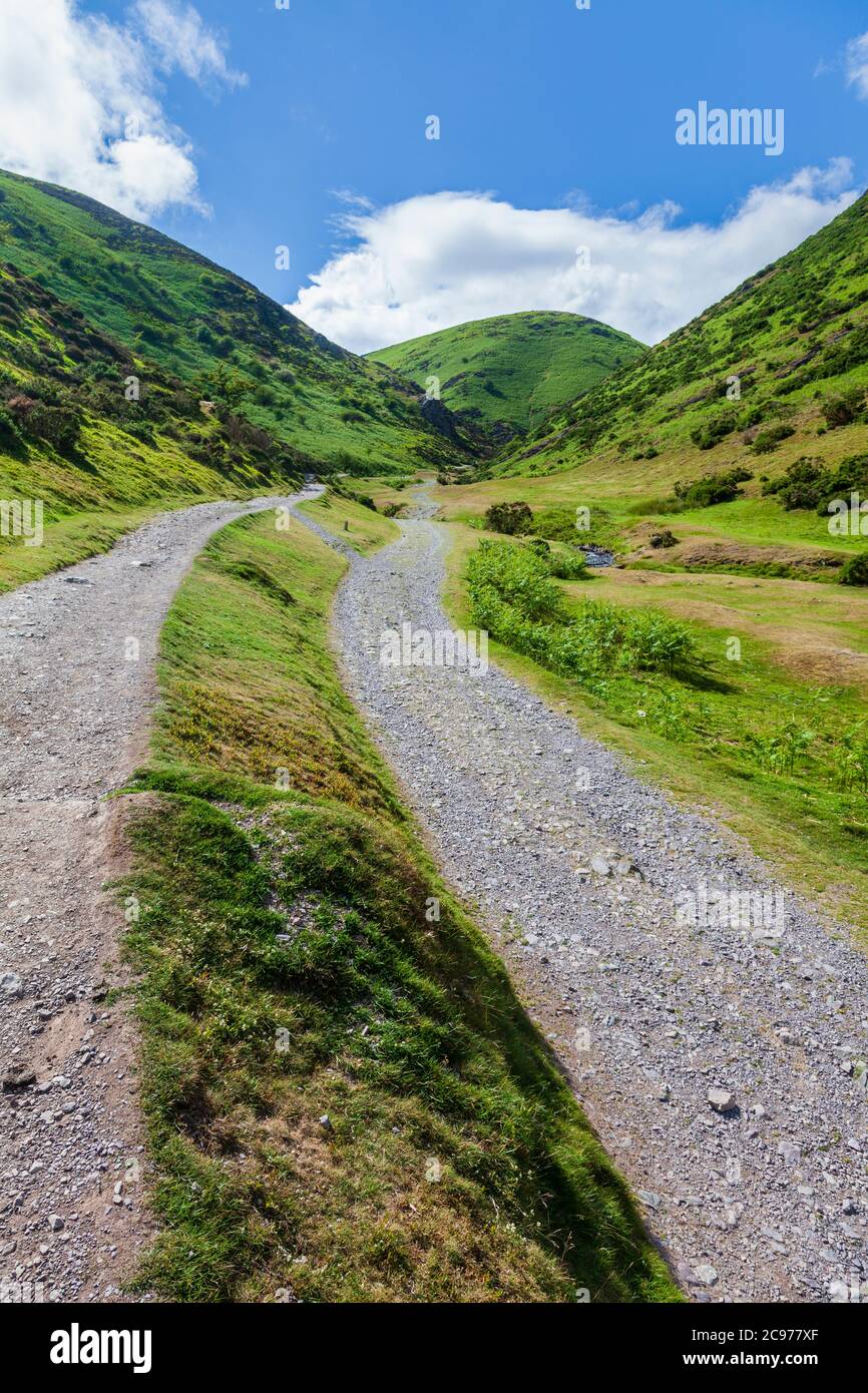 Der Wanderweg durch das Carding Mill Valley mit Calf Ridge im Hintergrund, Long Mynd, Shropshire, England Stockfoto