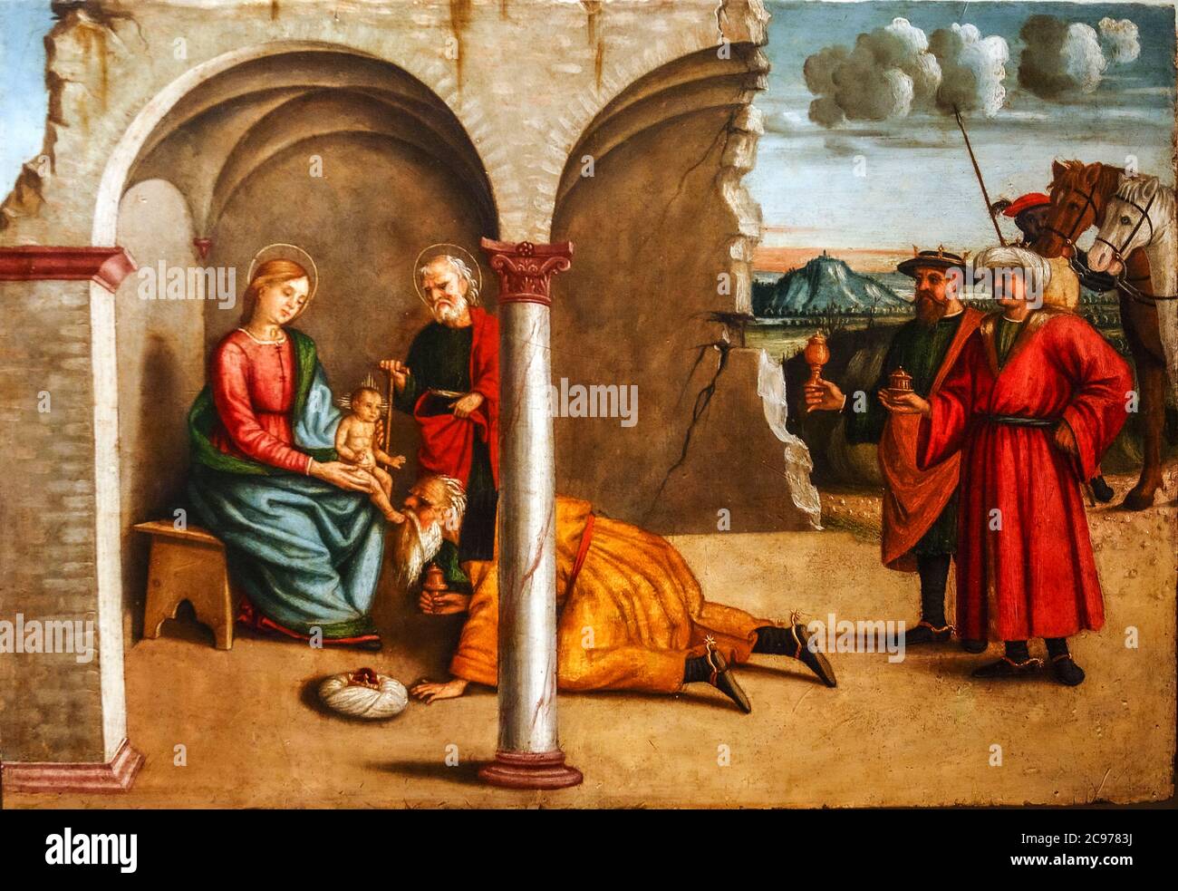 Italien Marche Jesi Palazzo Pianetti -Sitz der städtischen Kunstgalerie - predella: Anbetung der Könige von Pietro Paolo Agabiti Stockfoto