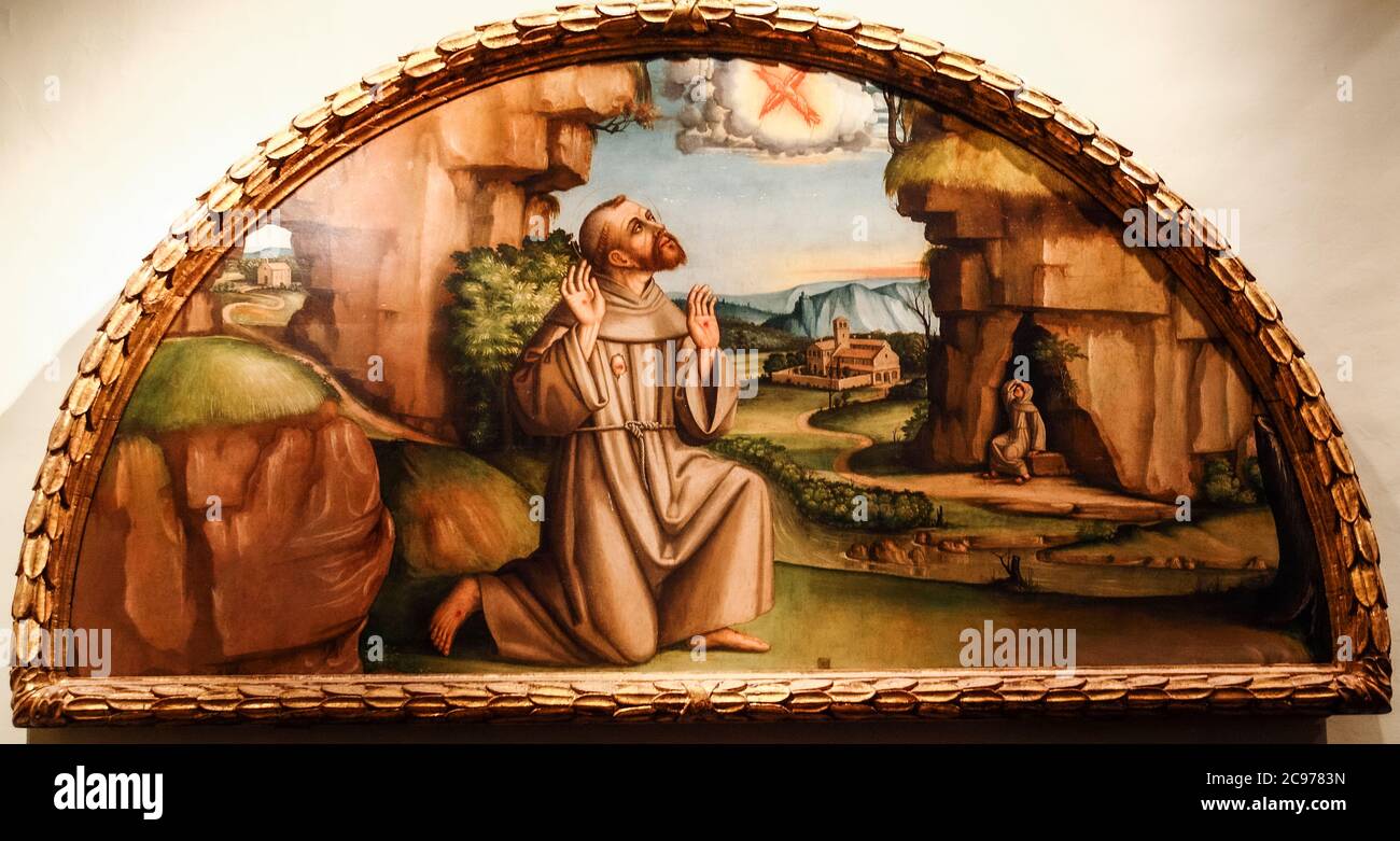 Italien Marche Jesi Palazzo Pianetti -Sitz der städtischen Kunstgalerie - Franziskus erhält die Stigmata. Lunette von Pietro Paolo Agabiti Stockfoto