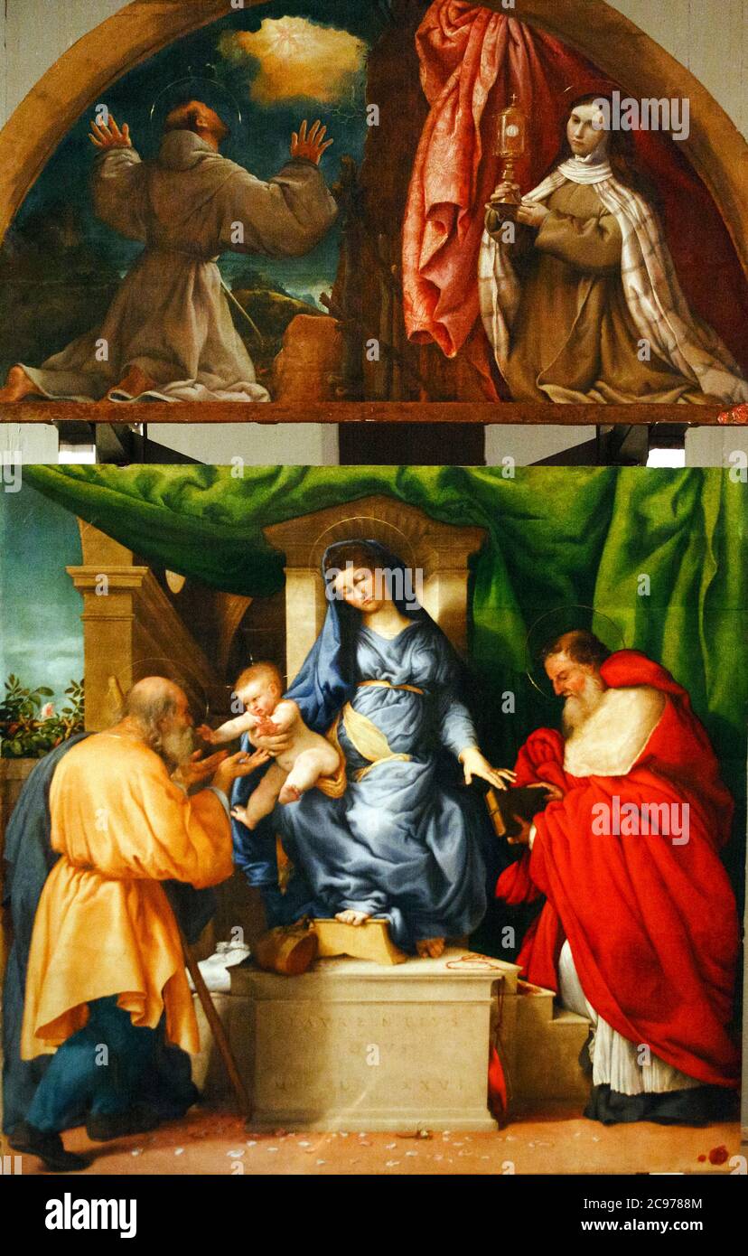 Lorenzo Lotto: Die Madonna der Rosen: Madonna mit Kind mit den Heiligen Joseph und Hieronymus: Lunette: Hl. Franziskus und hl. Klara Stockfoto