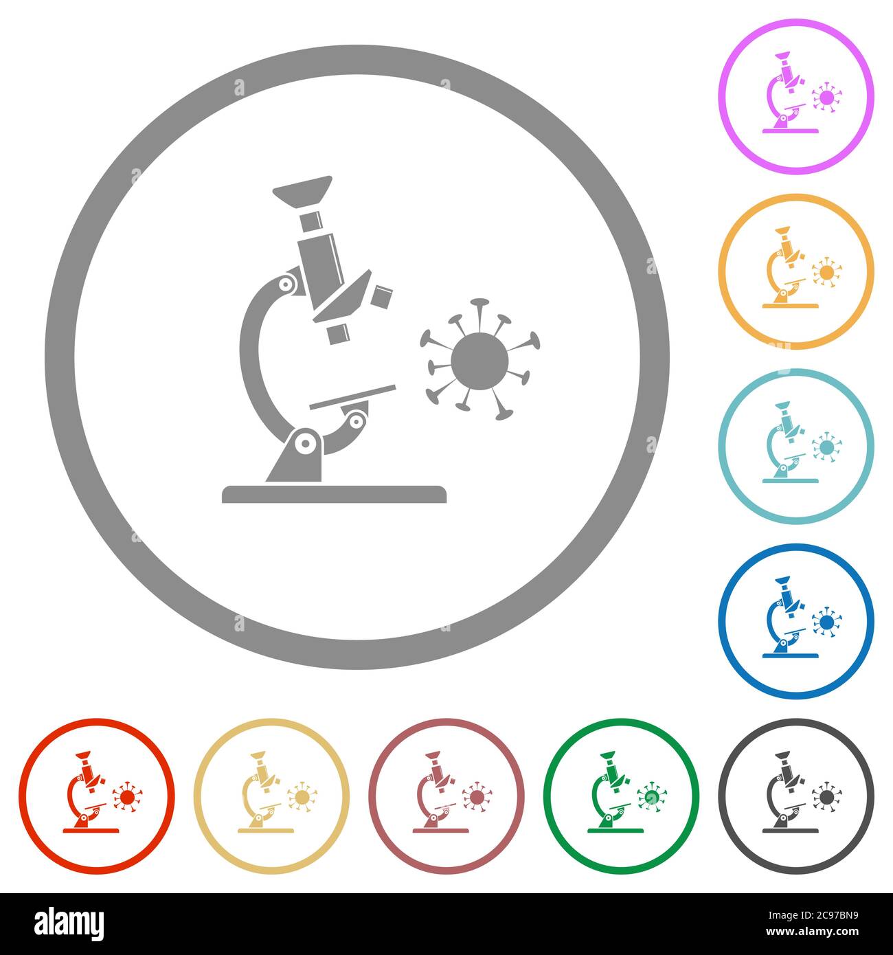 Flache Farbsymbole für Mikroskope und Viren in runden Umrissen auf weißem Hintergrund Stock Vektor