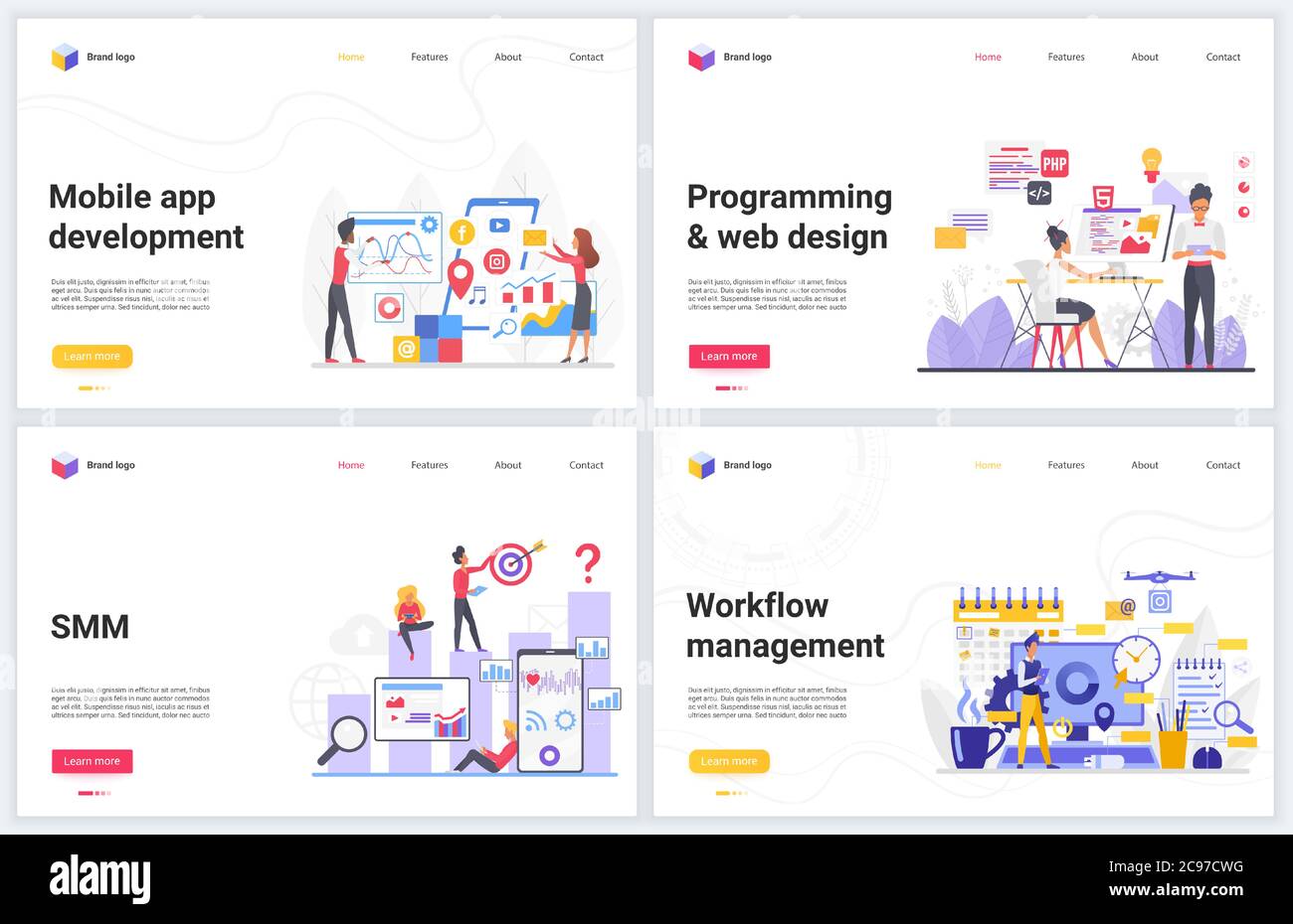 Mobile App Entwicklung, smm seo Technologie Vektor Illustrationen. Cartoon flach Entwickler Design Template-Set, kreative Website-Schnittstelle mit Workflow-Management, Programmierung, Entwicklung von Anwendungen Stock Vektor
