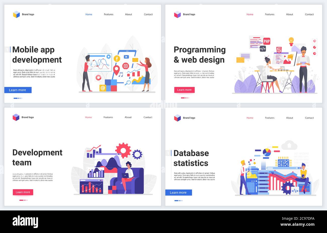 Web-Design Programmierung Entwicklung Vektor Illustrationen. Kreative moderne Teamarbeit Konzept Banner-Set, flach digitales Design mit Entwickler-Designer-Team-Tests, baut ui-Schnittstelle, Statistiken analysieren Stock Vektor