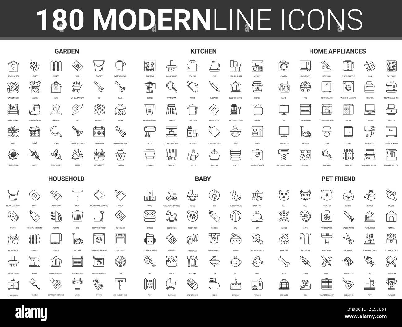 Vektorgrafik für Hausartikel. Flat Thin Line Haushalt moderne Icon Set von Haushaltsgerät für die Küche Hausarbeit, Geschirr, Möbelwerkzeuge für Gartenarbeit und Baby-Spielzeug, Haustier-Zubehör Symbole Stock Vektor