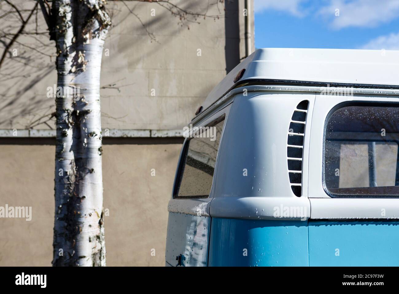 Ein blattloser Baum, der Schatten auf eine schlichte Wand und eine Seite eines nahe gelegenen Gebäudes wirft, mit Stamm und abblätternder silberner Rinde und einem alten blau-weißen Volkswagen-Wohnmobil, der am Straßenrand geparkt ist. Stockfoto