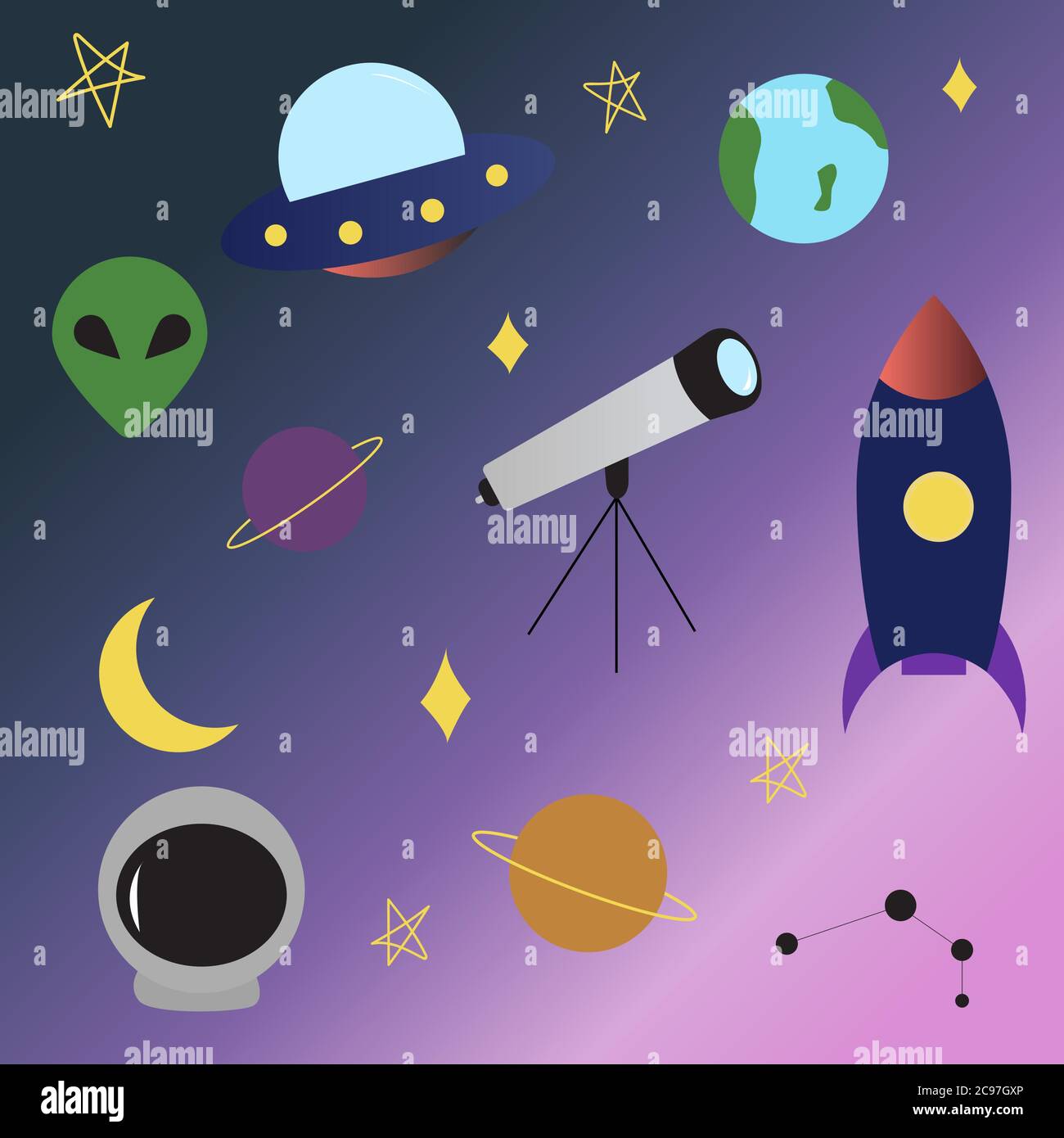 Raum UFO-Elemente setzen Rakete, Alien, Planeten, Erde, Teleskop, UFO, Konstellation, Sterne Mond Raumschiff in flacher Cartoon-Stil Stock Vektor