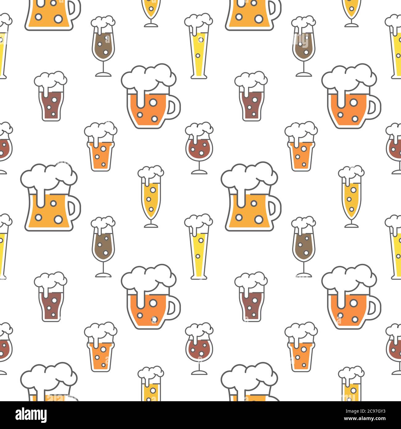 Biersorten Bunte Nahtloses Musterdesign. Biergläser für Ale, Weizen, Pint und Becher, niedliches Vektormuster. Stock Vektor