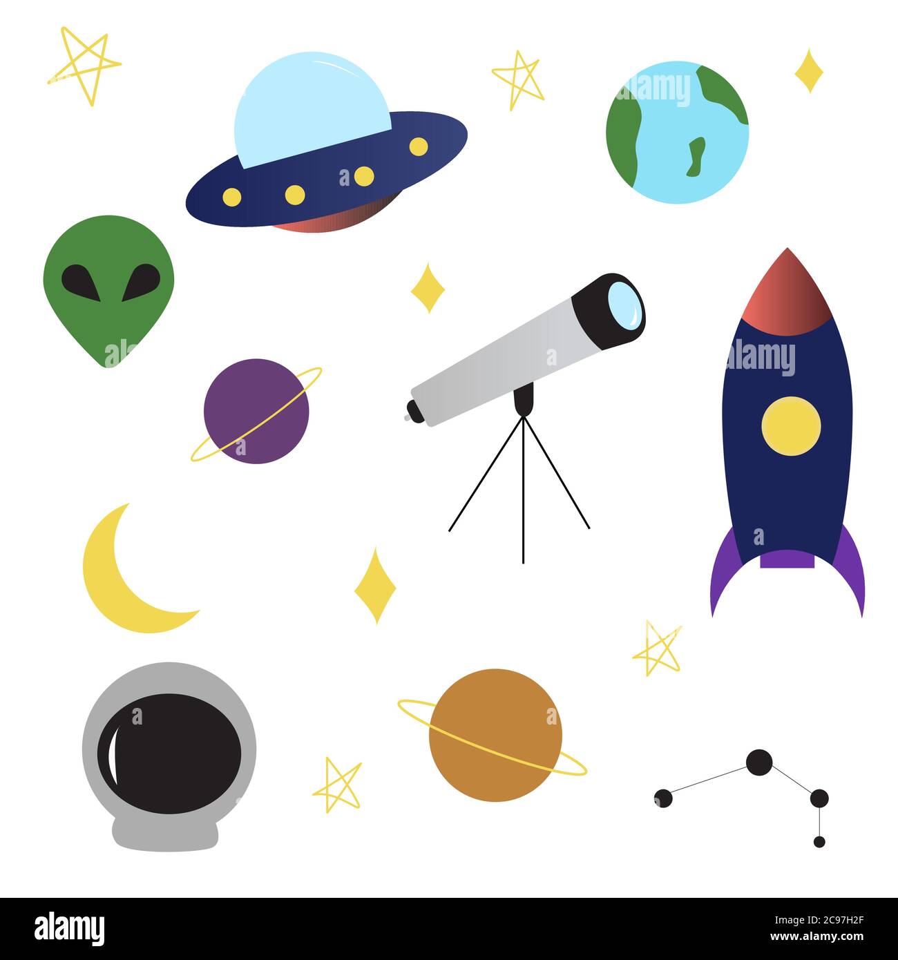 Raum UFO-Objekte setzen Rakete, Alien, Planeten, Erde, Teleskop, Konstellation, Sterne, Mond Raumschiff in flachen Cartoon-Stil Stock Vektor