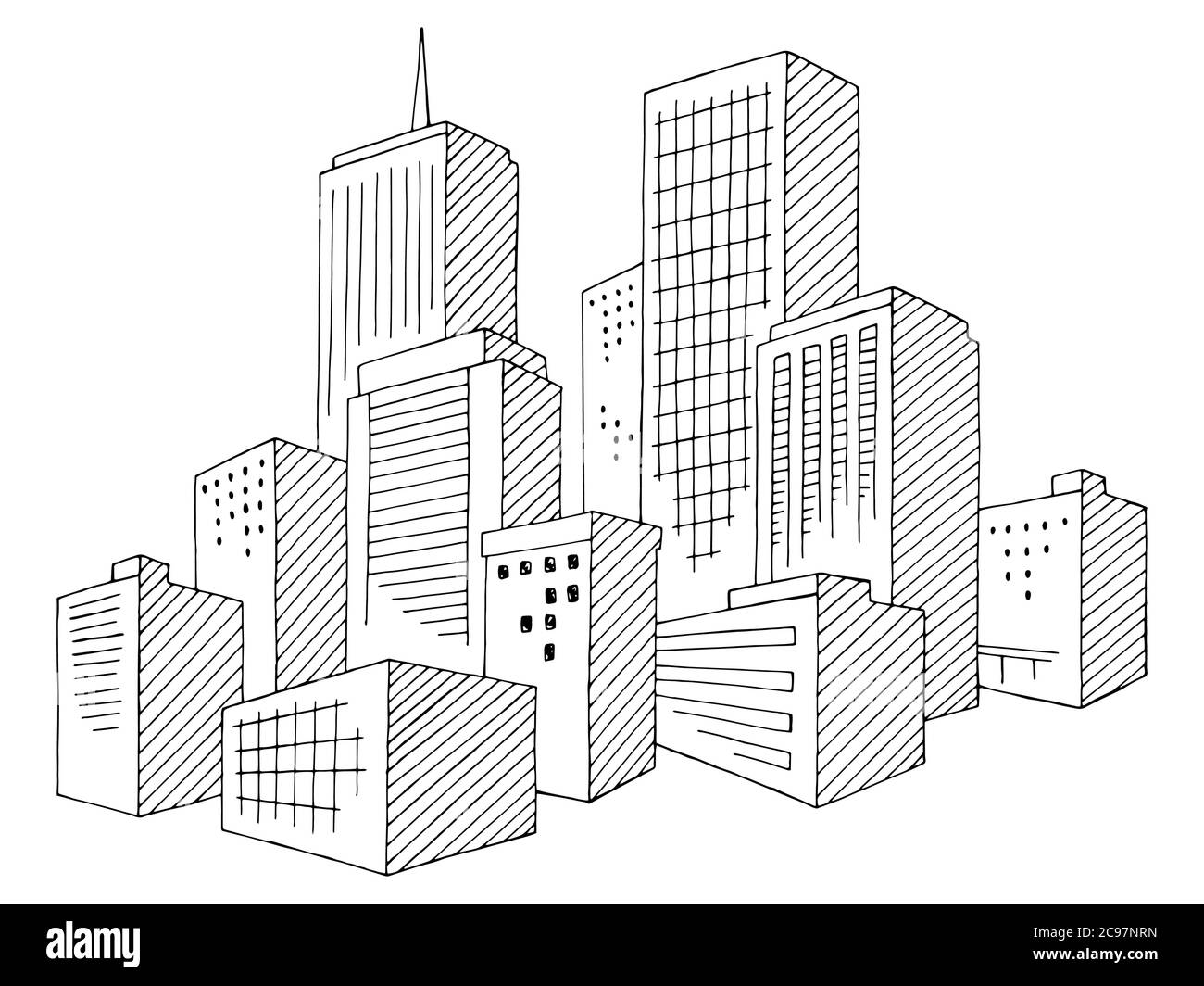 City Grafik schwarz weiß Stadtbild Skyline Skizze Illustration Vektor Stock Vektor