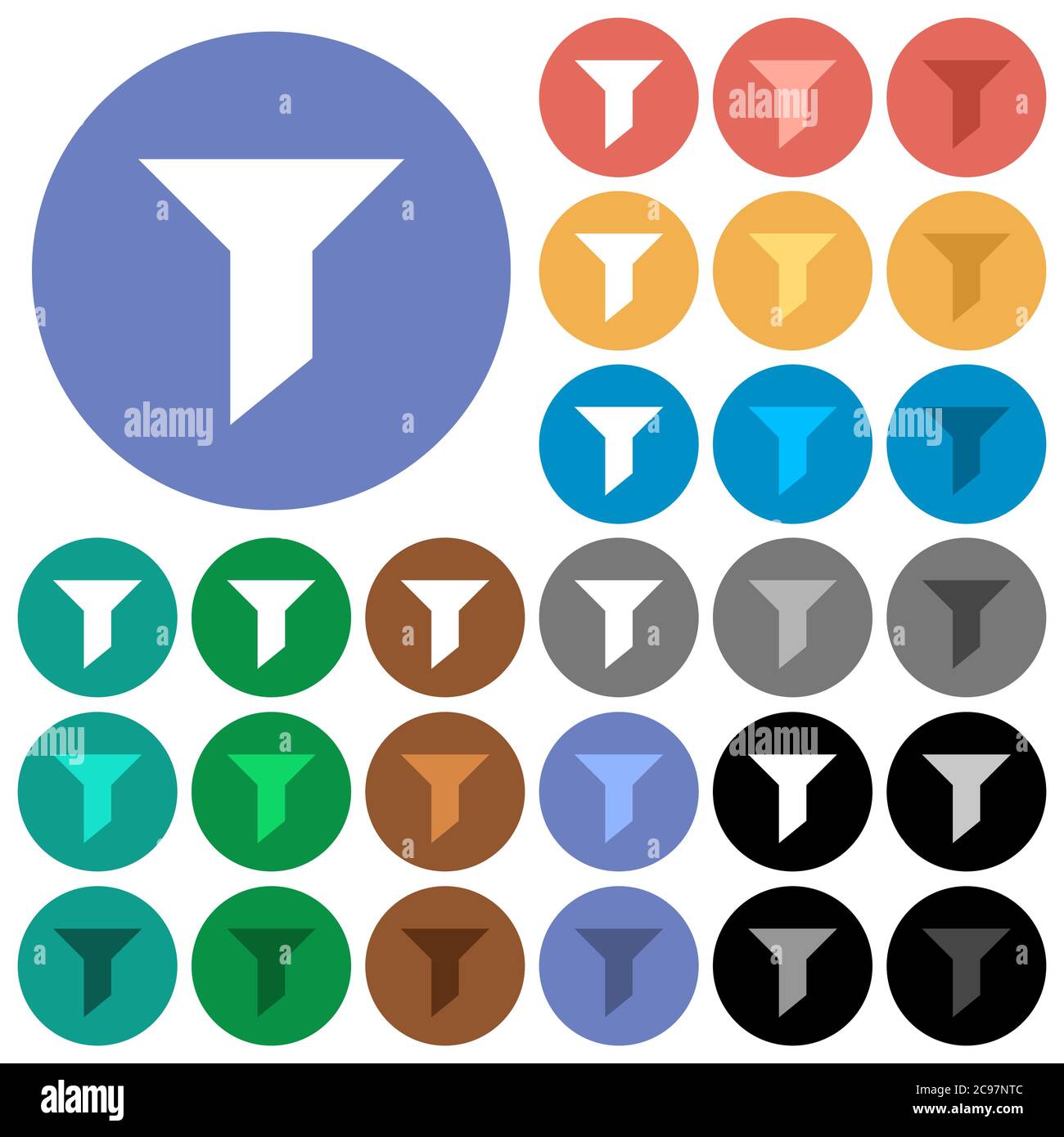 Filtert mehrfarbige flache Symbole auf runden Hintergründen. Weiße, helle und dunkle Symbolvarianten für Hover- und aktive Statuseffekte sowie Bonus-sh Stock Vektor