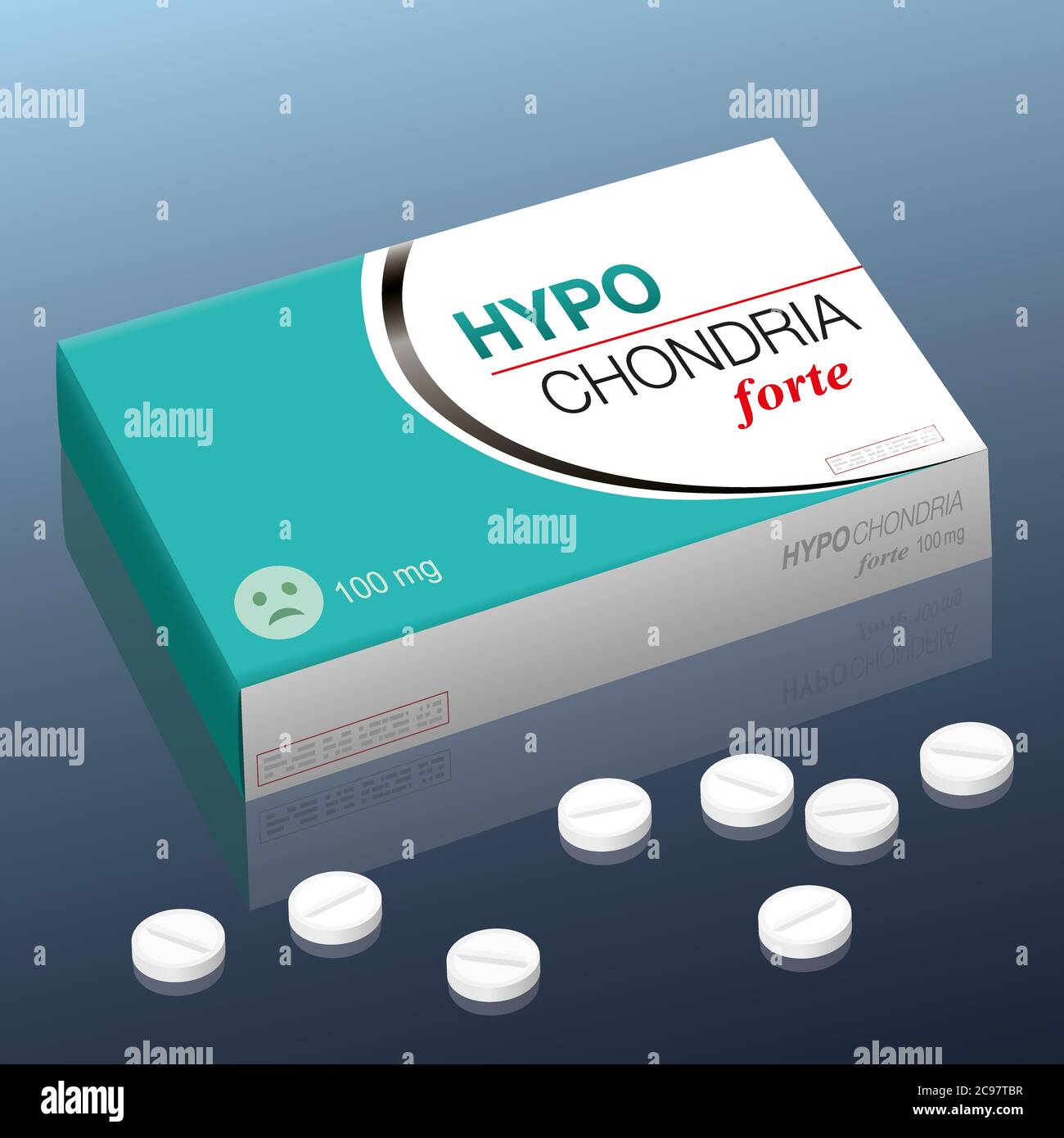 HYPOCHONDRIE-Medikamente. Pille Paket mit ängstlich, traurig Smiley. Gefälschtes Produkt über medizinischen Missbrauch, Obsession, sucht und Abhängigkeit. Stockfoto