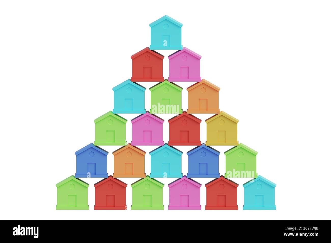 Kleine mehrfarbige Häuser sind pyramidenförmig gestapelt, futuristischer Stadtblock, 3d-Rendering Stockfoto