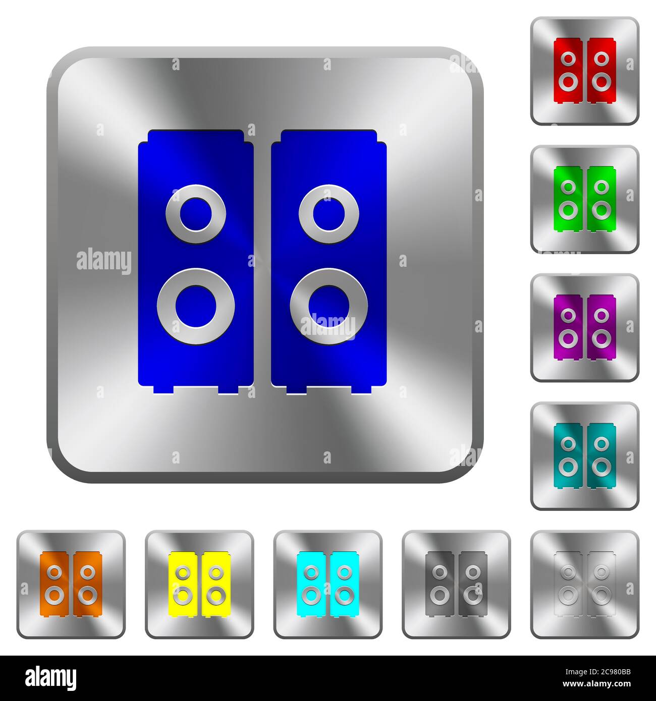 Lautsprecher gravierte Symbole auf runden quadratischen glänzenden Stahlknöpfen Stock Vektor