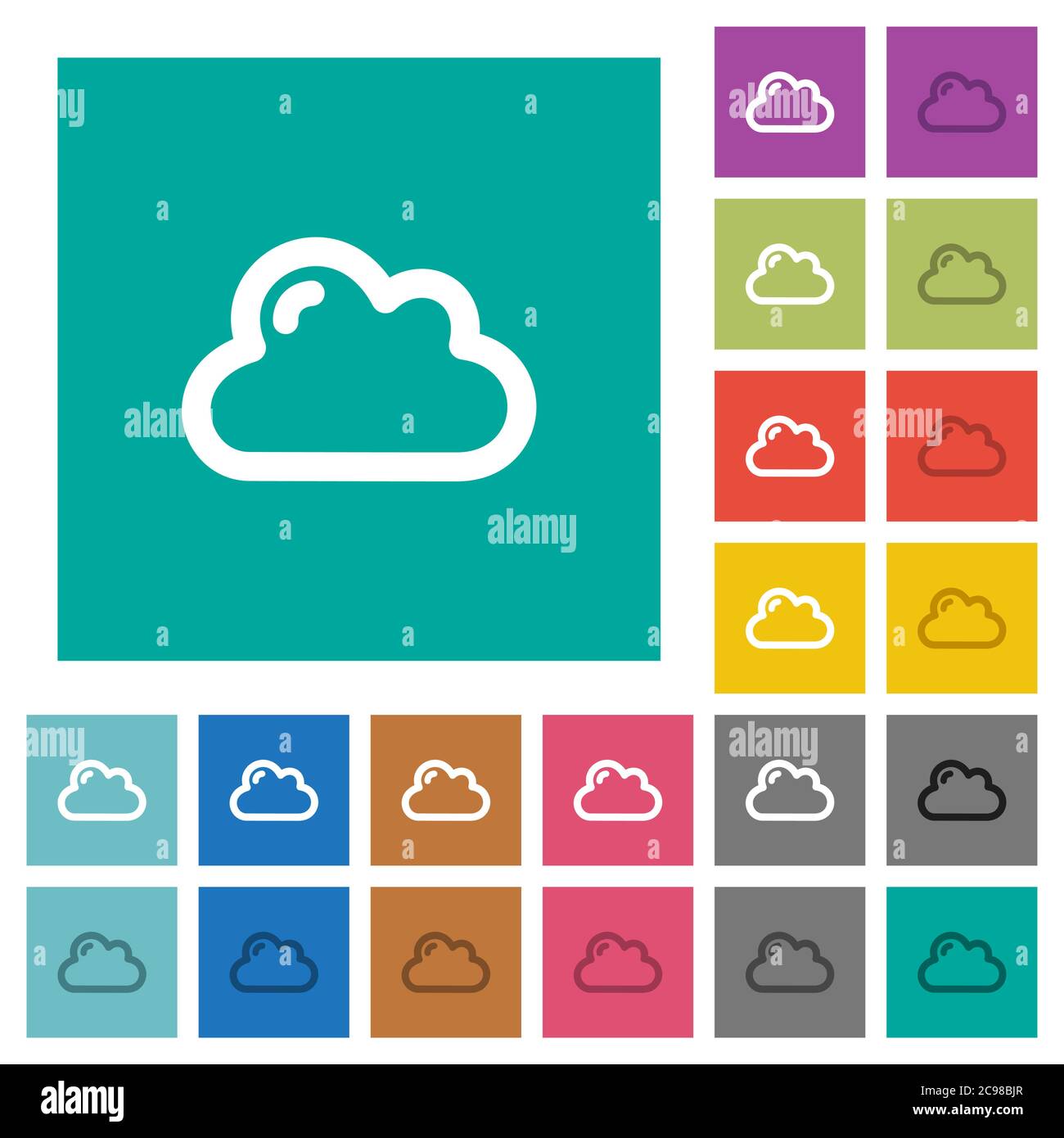 Mehrfarbige flache Symbole mit einer Wolke auf einfachen quadratischen Hintergründen. Weiße und dunklere Symbolvarianten für schwebe- oder aktive Effekte. Stock Vektor