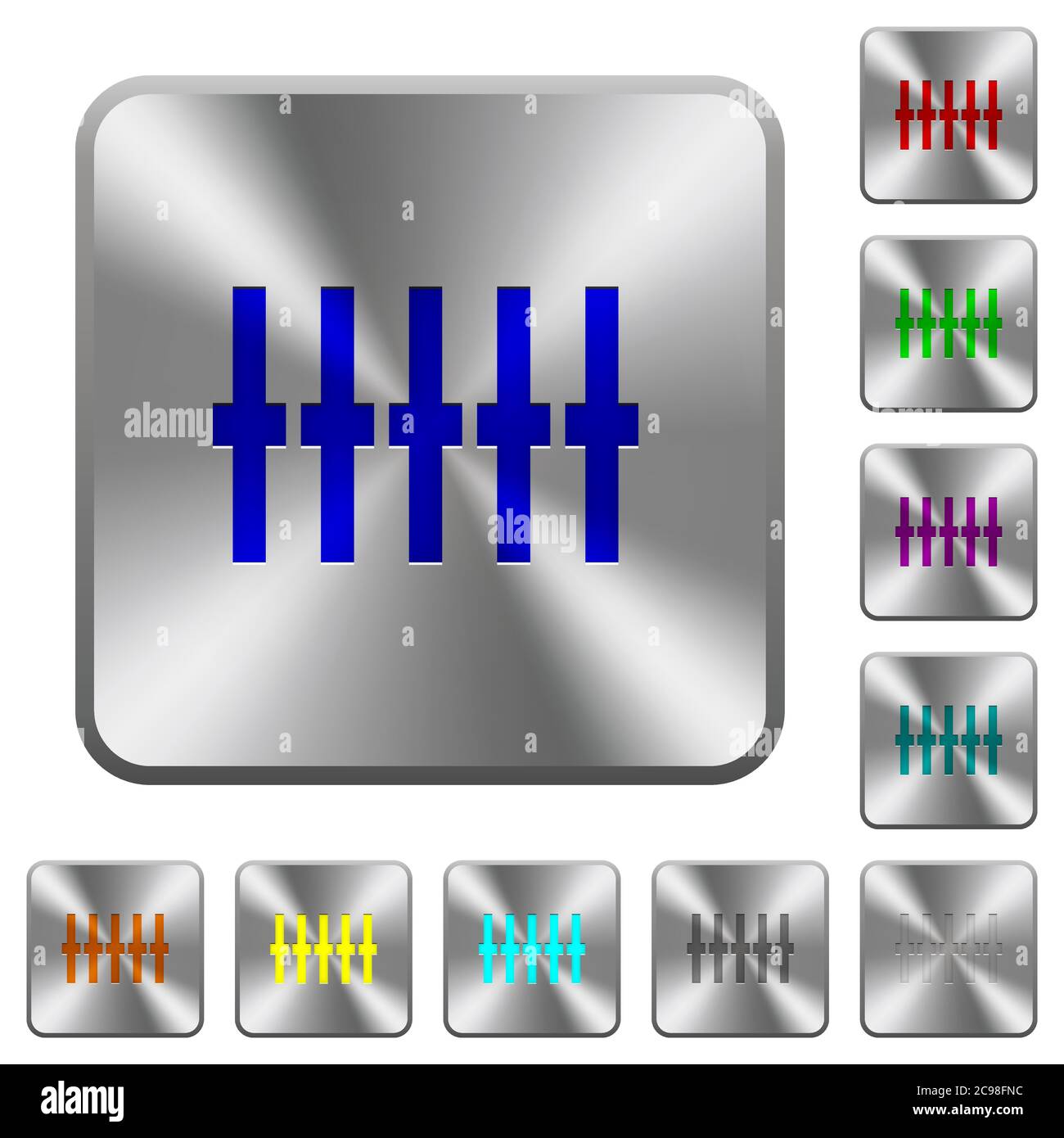 Grafischer Equalizer gravierte Symbole auf runden quadratischen Knöpfen aus glänzendem Stahl Stock Vektor