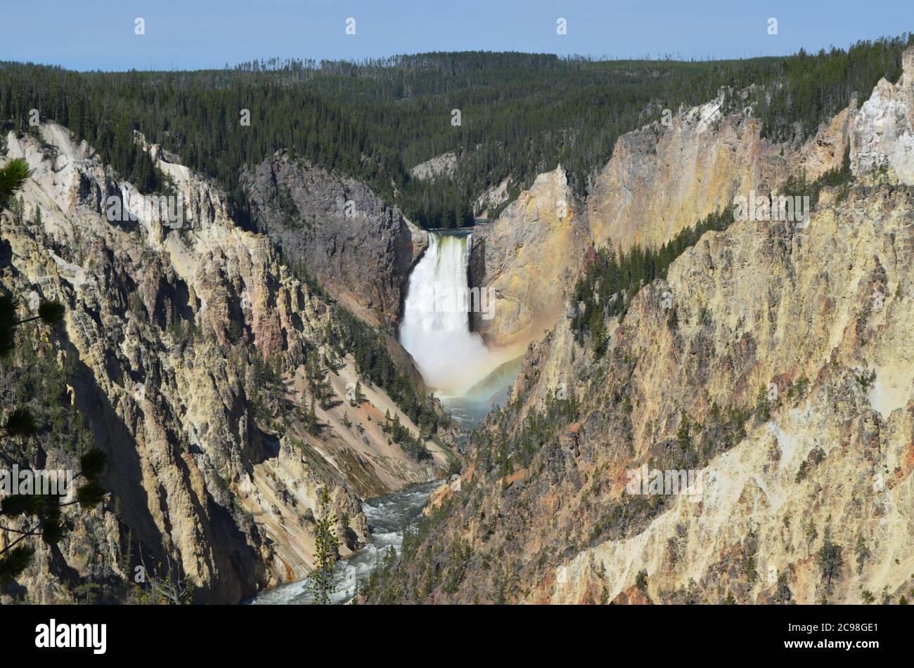 Spätfrühling im Yellowstone National Park: Untere Yellowstone Falls im Grand Canyon des Yellowstone River vom Artist Point aus gesehen Stockfoto