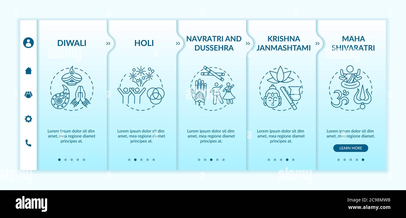 Top Hindu Festivals Onboarding Vektor-Vorlage. Krishna Janmashtami. Navratri und Dussehra. Responsive mobile Website mit Symbolen. Webseitendurchgang Stock Vektor